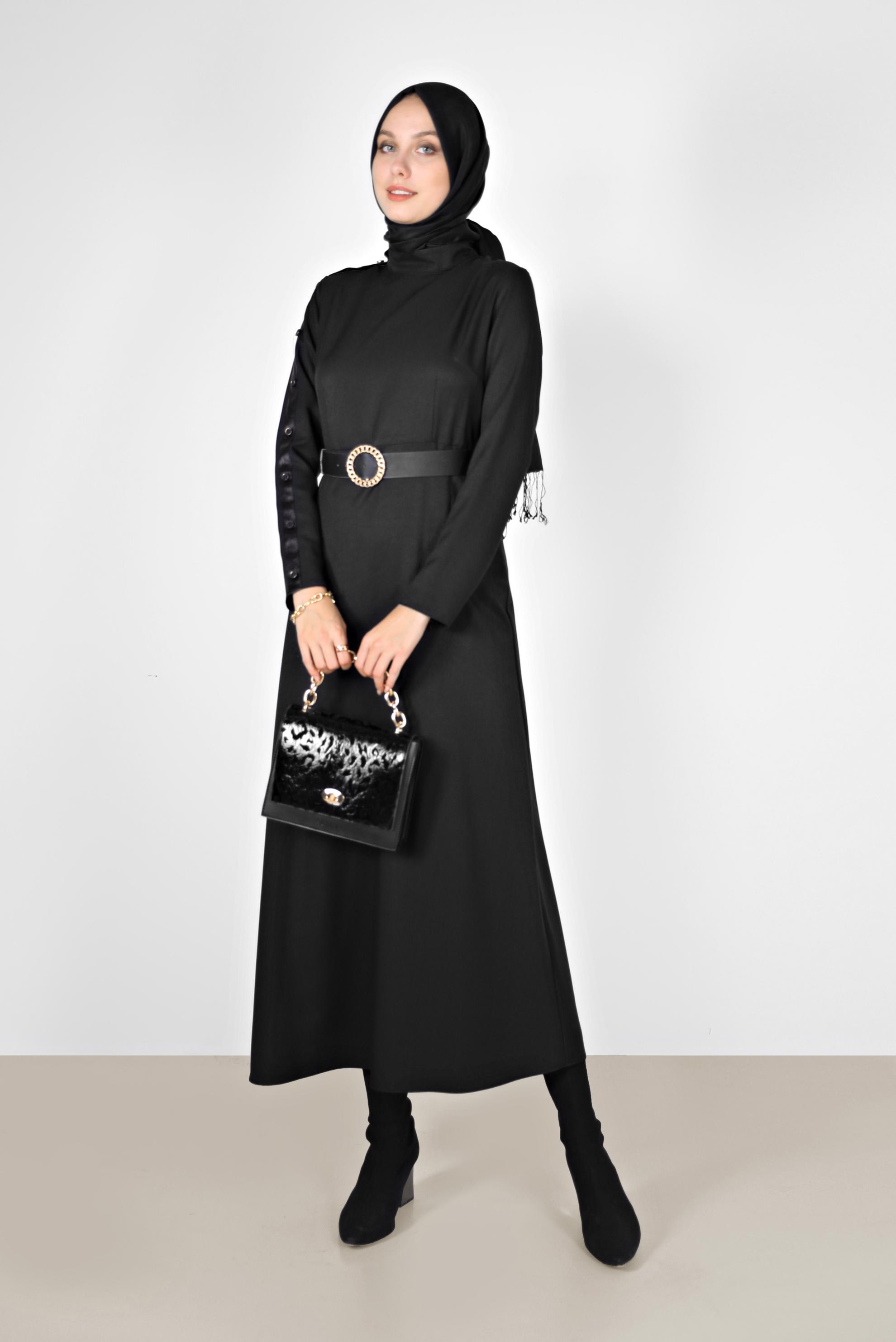 Vêtements hijab NOIR ROBE DÉTAILS EN CUIR AVEC BOUTON 42252