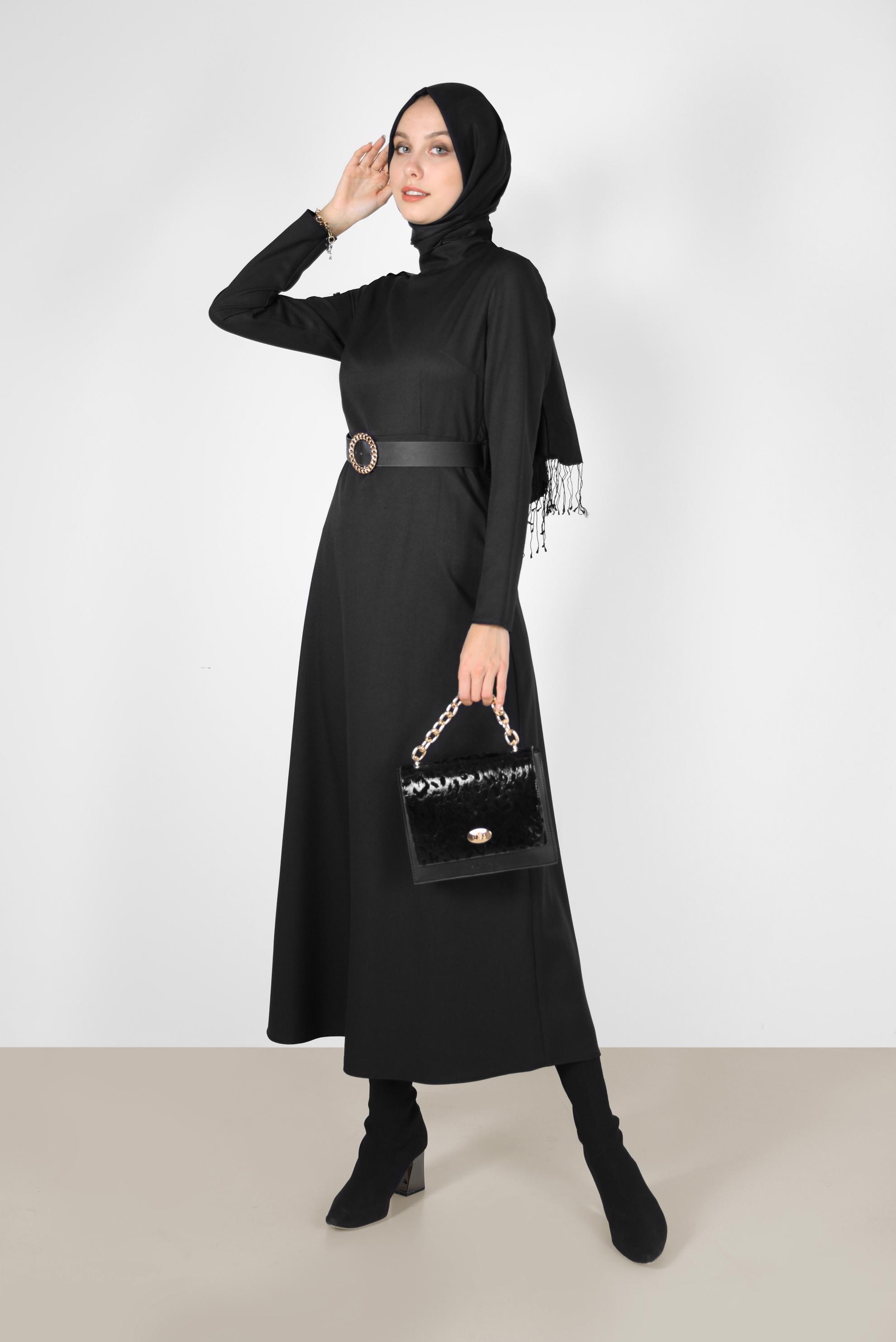 Vêtements hijab NOIR ROBE DÉTAILS EN CUIR AVEC BOUTON 42252
