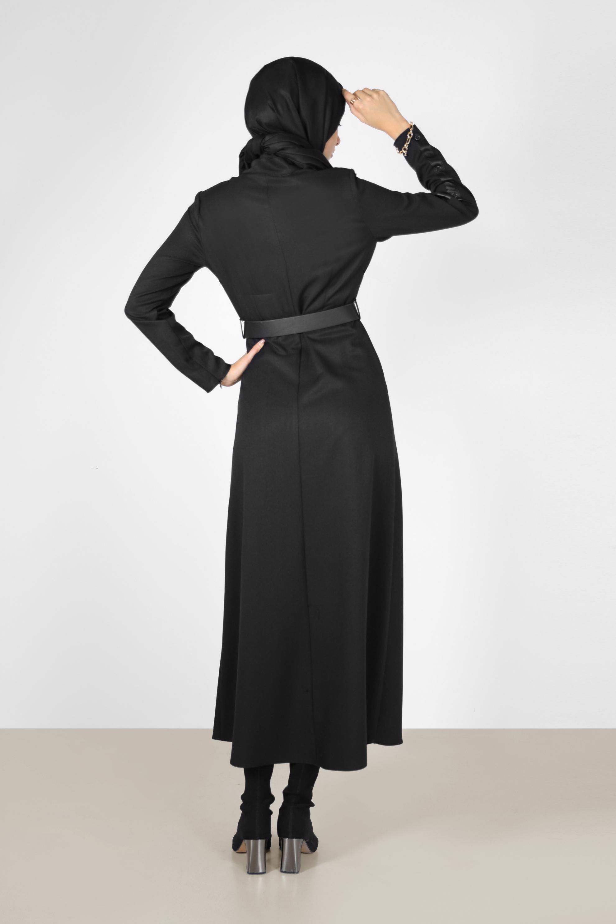 Vêtements hijab NOIR ROBE DÉTAILS EN CUIR AVEC BOUTON 42252