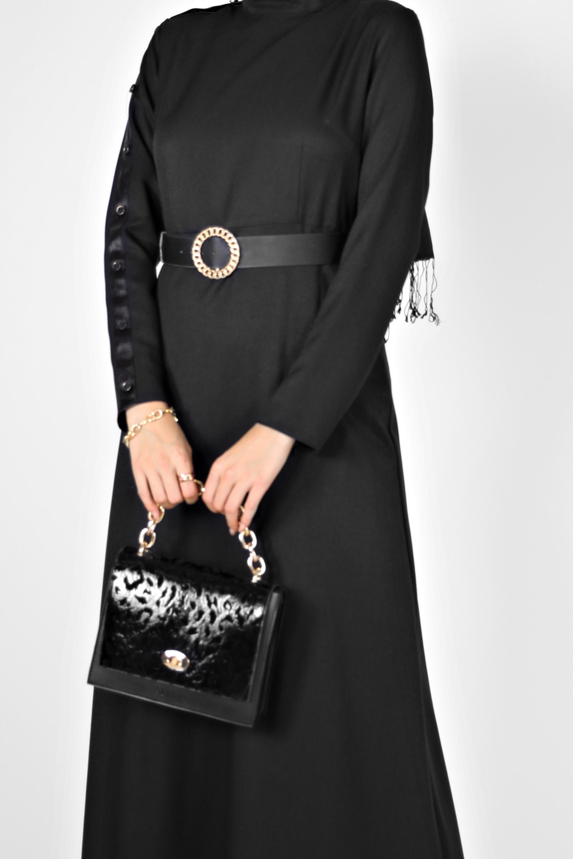 Vêtements hijab NOIR ROBE DÉTAILS EN CUIR AVEC BOUTON 42252