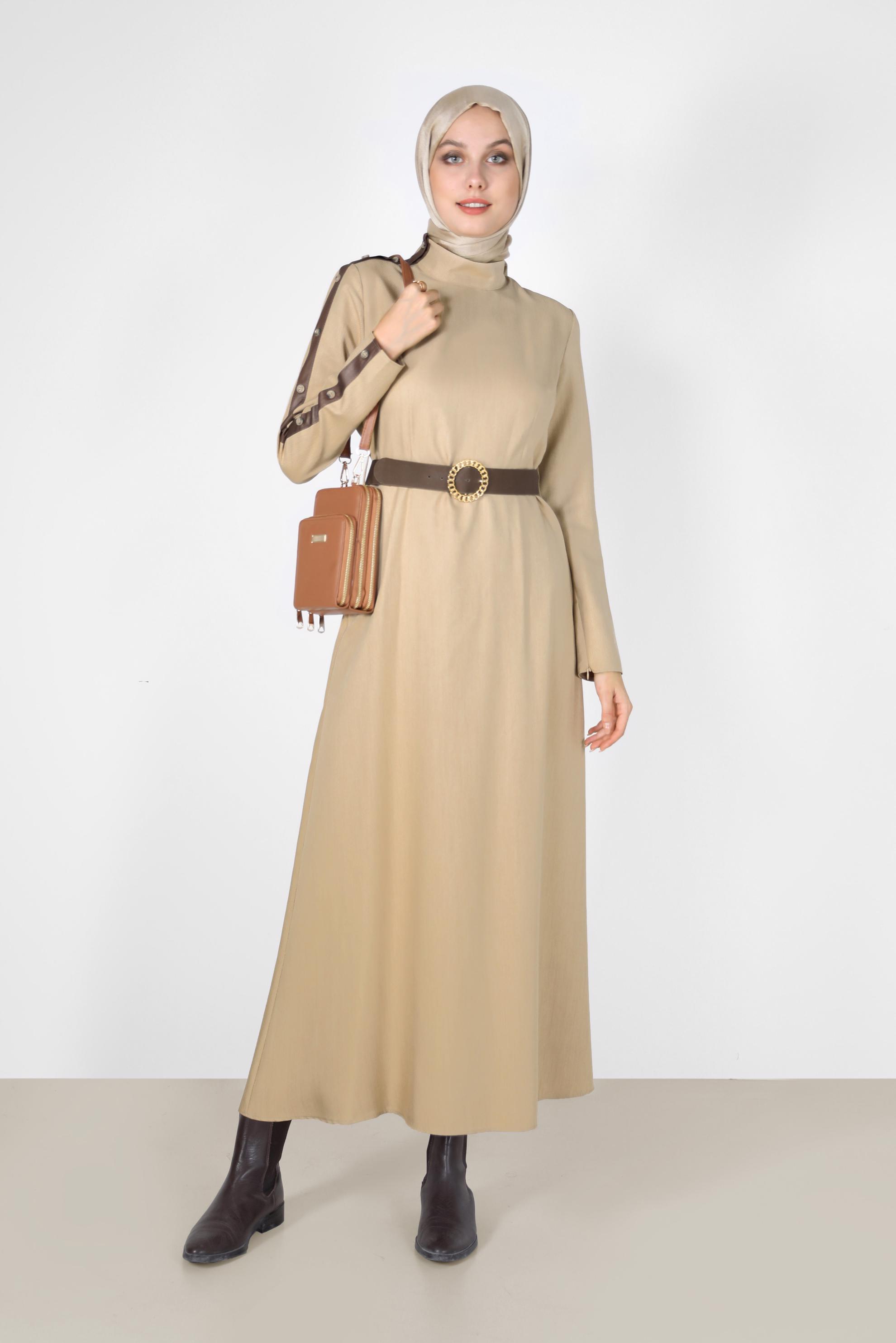 Hijab clothing BROWN LEATHER DETAIL DRESS WITH BUTTON 42252 