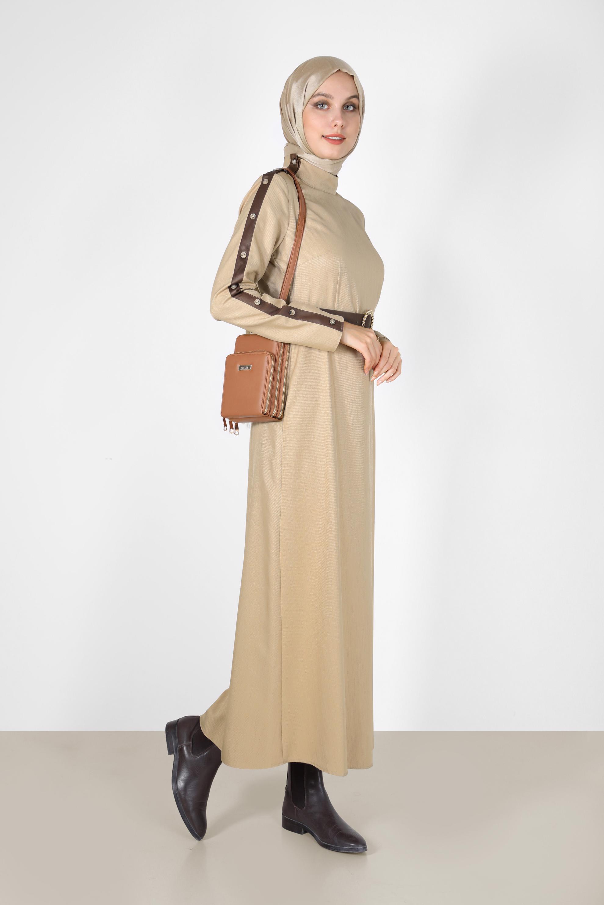 Hijab clothing BROWN LEATHER DETAIL DRESS WITH BUTTON 42252 