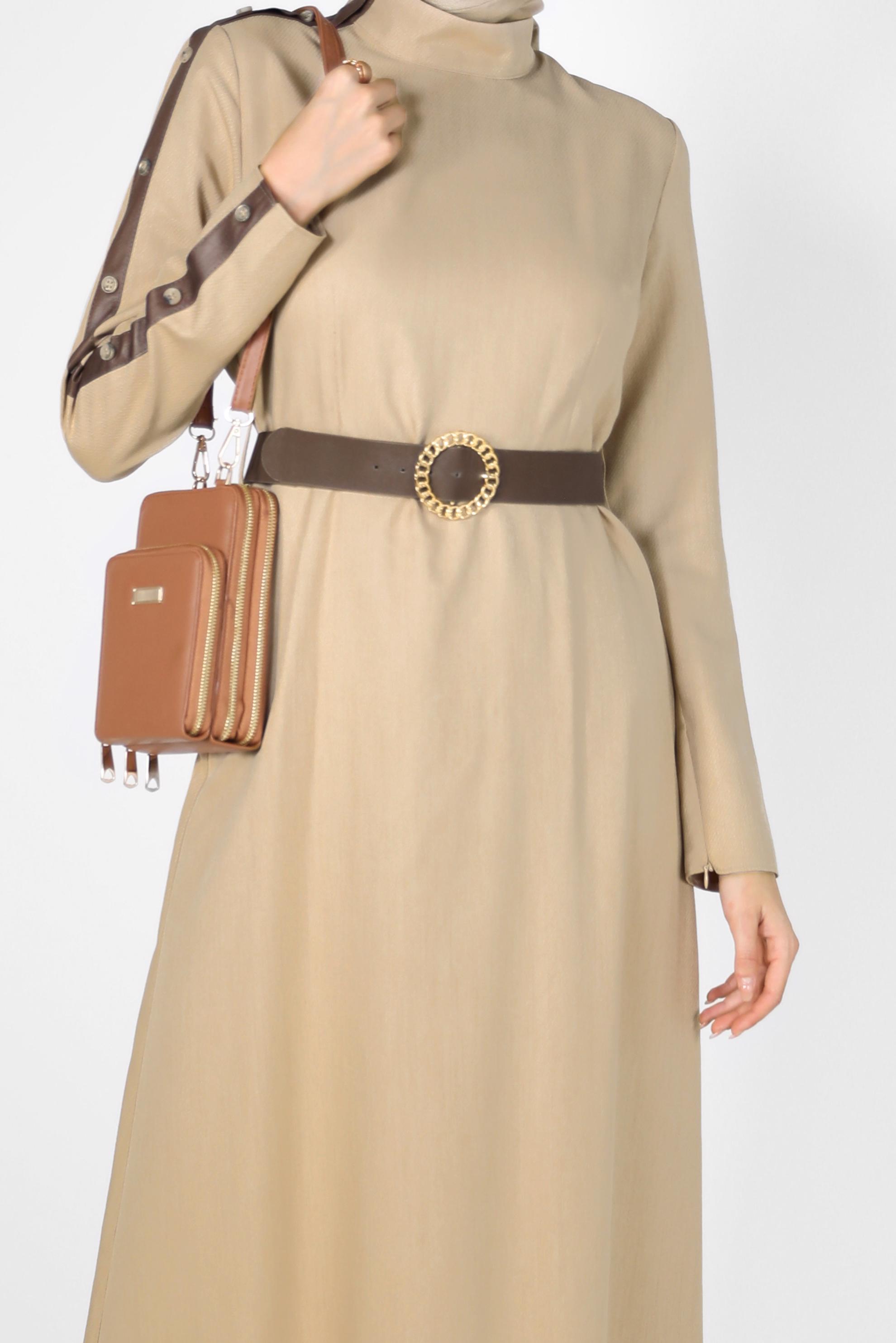 Hijab clothing BROWN LEATHER DETAIL DRESS WITH BUTTON 42252 