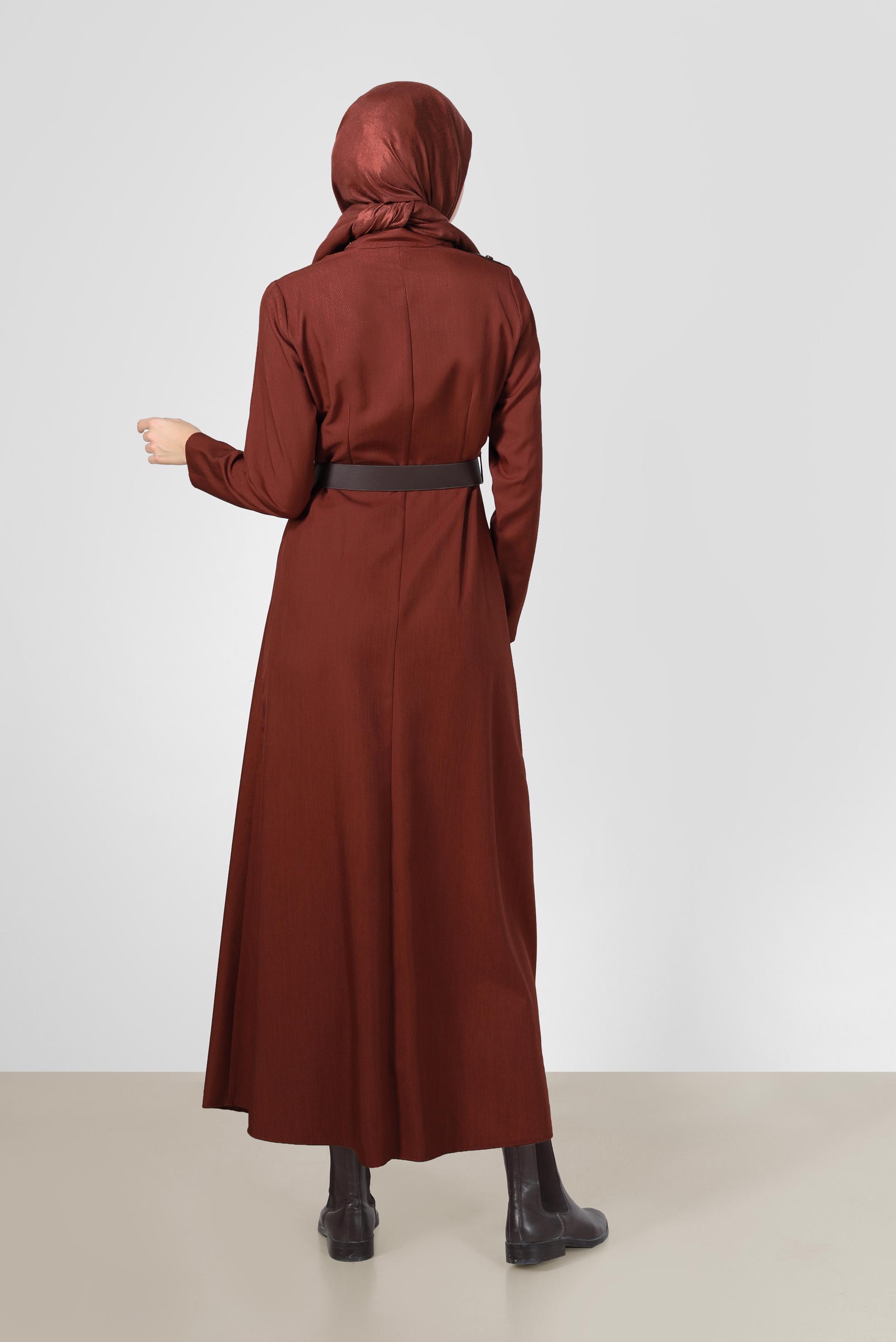 Tesettür giyim TURUNCU KOLLARI DÜĞME VE DERİ DETAYLI ELBİSE 42252 