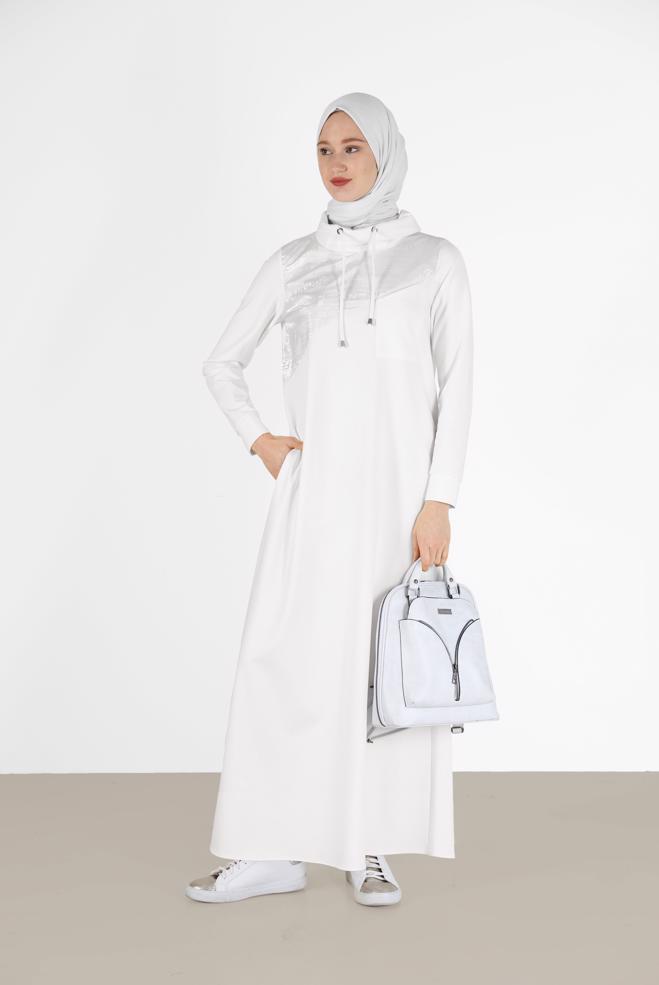 Tesettür giyim  DEGAJE YAKA YAZI BASKILI ELBİSE 42266  - ALVİNA