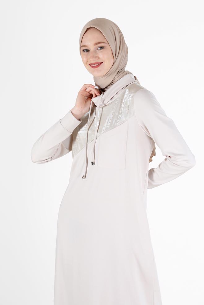 Tesettür giyim  DEGAJE YAKA YAZI BASKILI ELBİSE 42266  - ALVİNA