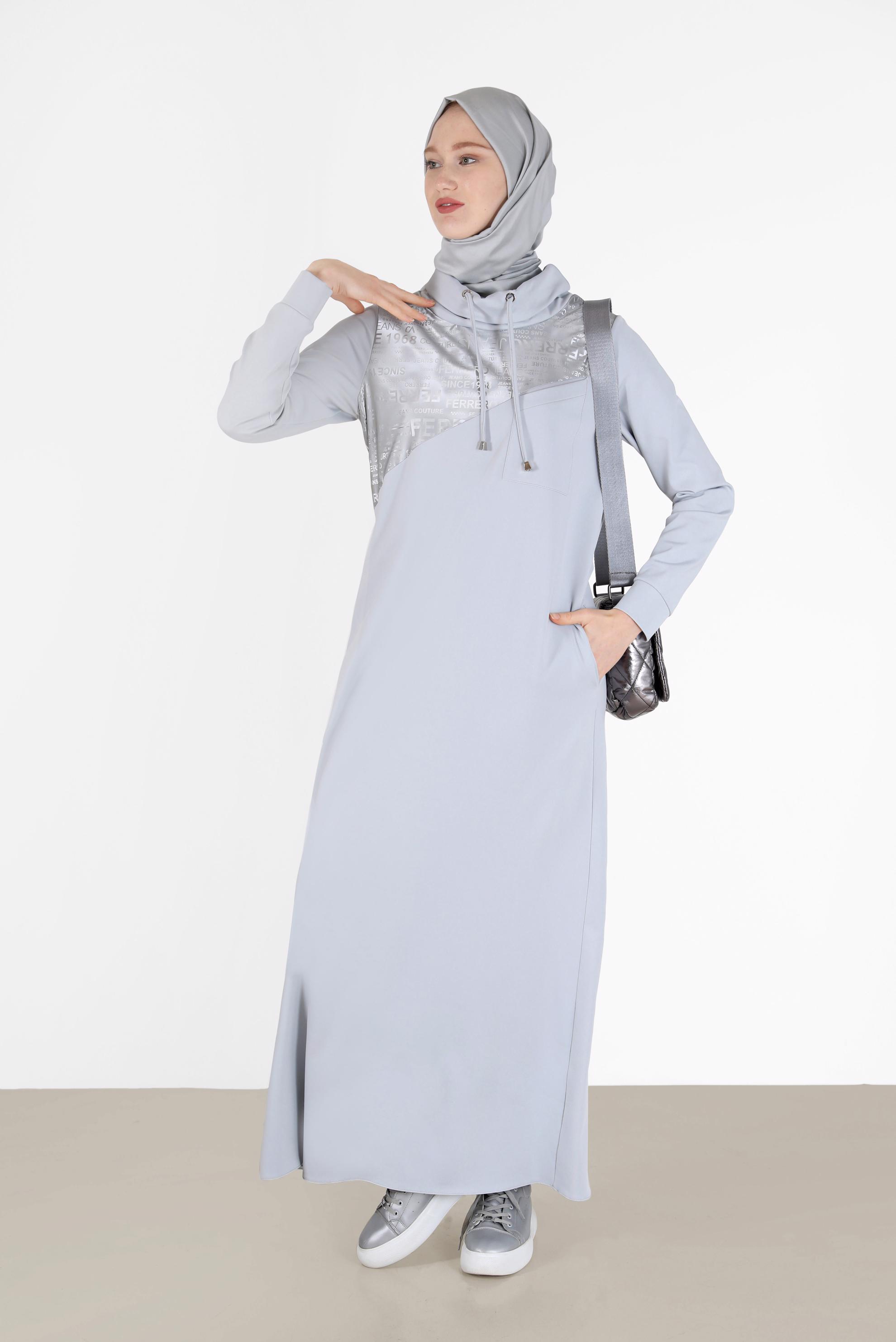 Tesettür giyim GÜMÜŞ DEGAJE YAKA YAZI BASKILI ELBİSE 42266 