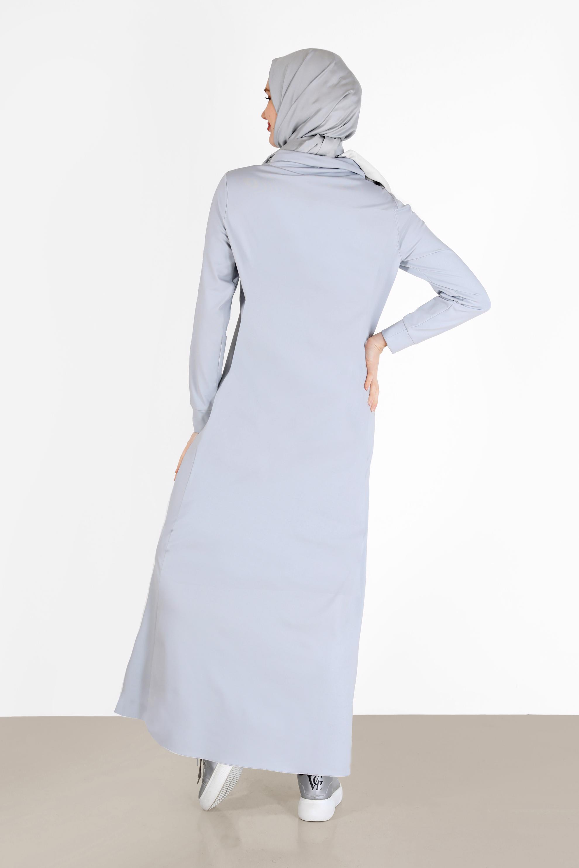 Tesettür giyim GÜMÜŞ DEGAJE YAKA YAZI BASKILI ELBİSE 42266 