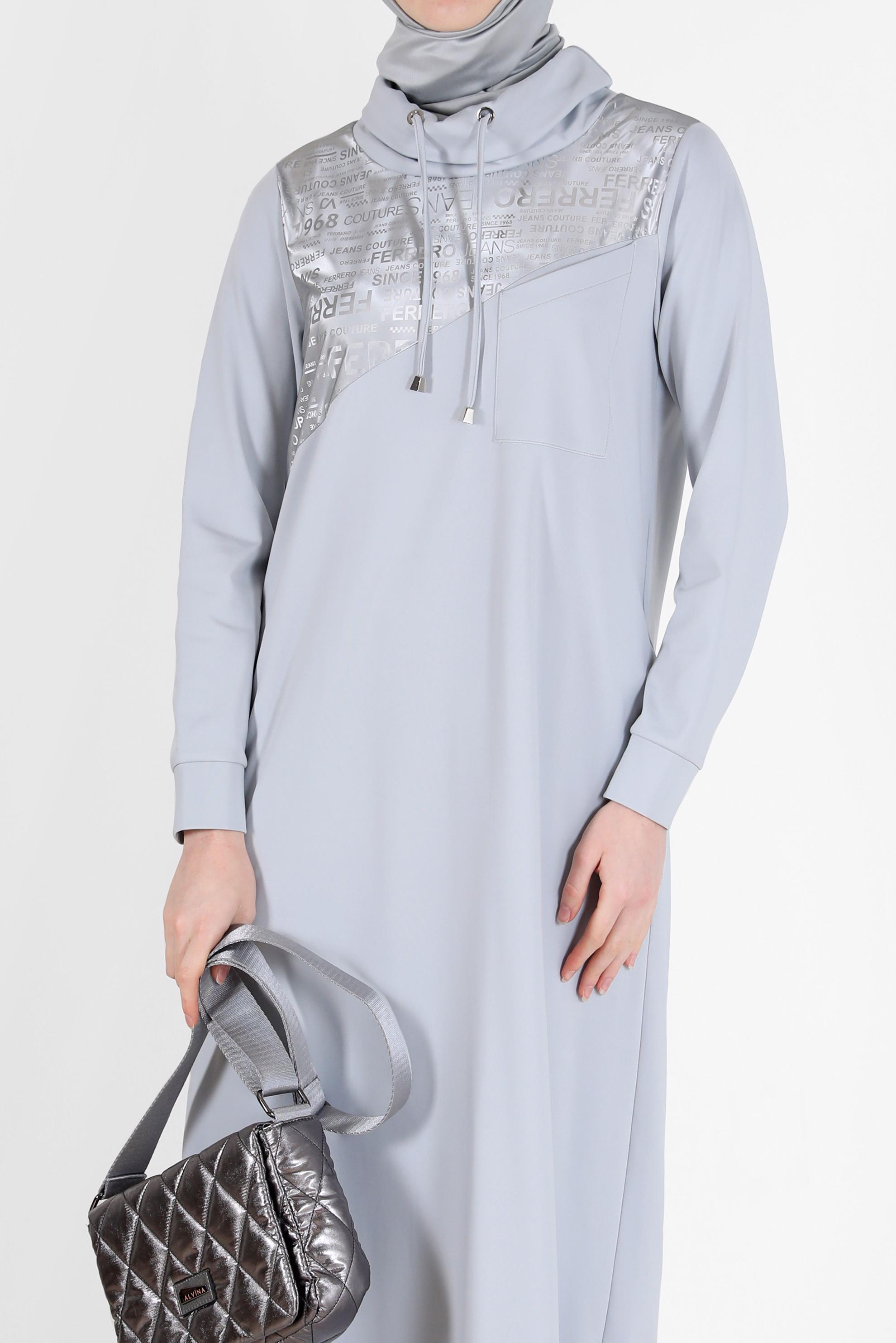 Tesettür giyim GÜMÜŞ DEGAJE YAKA YAZI BASKILI ELBİSE 42266 