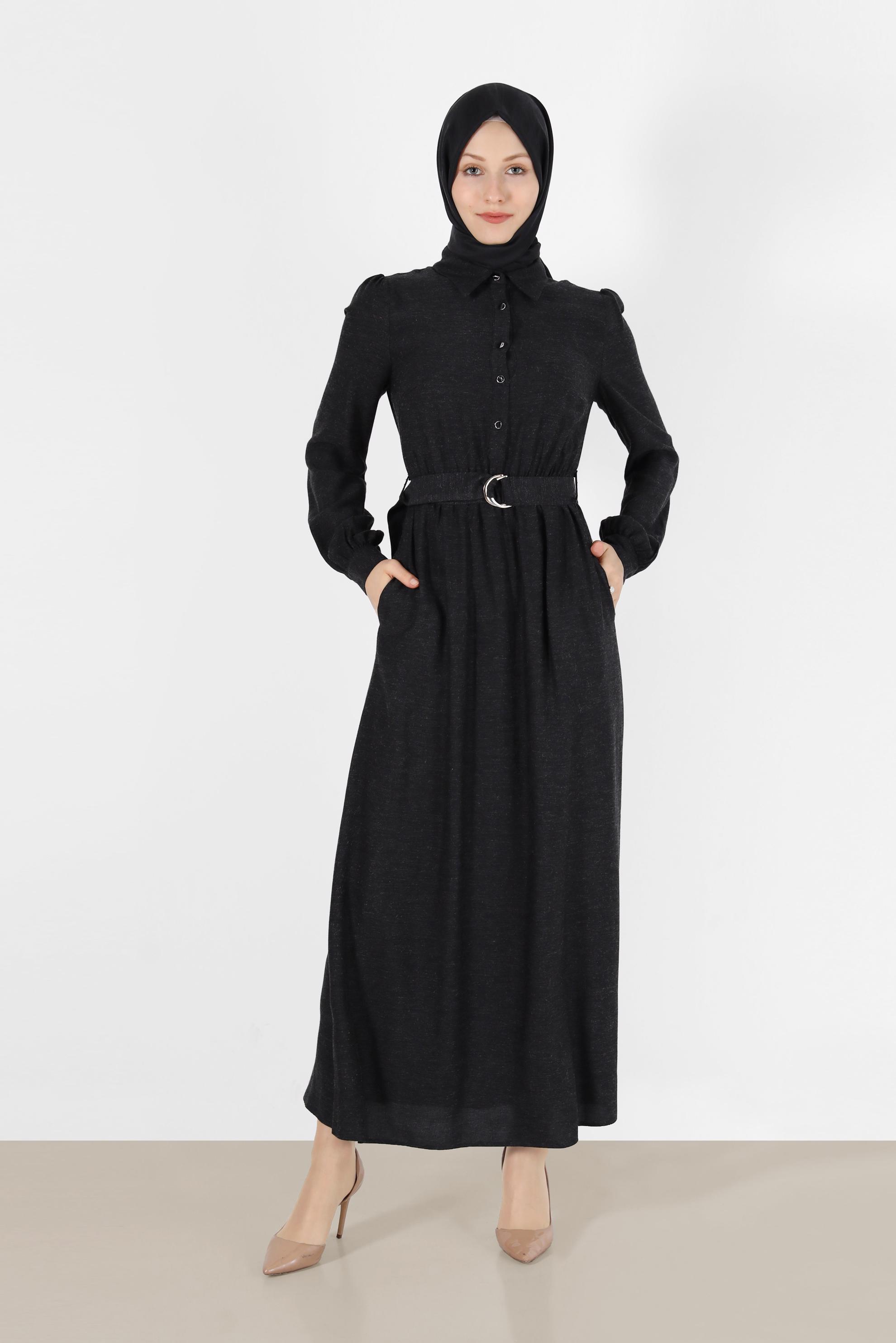 Tesettür giyim SİYAH BELİ KUŞAKLI GÖMLEK YAKA ELBİSE 42268-1 