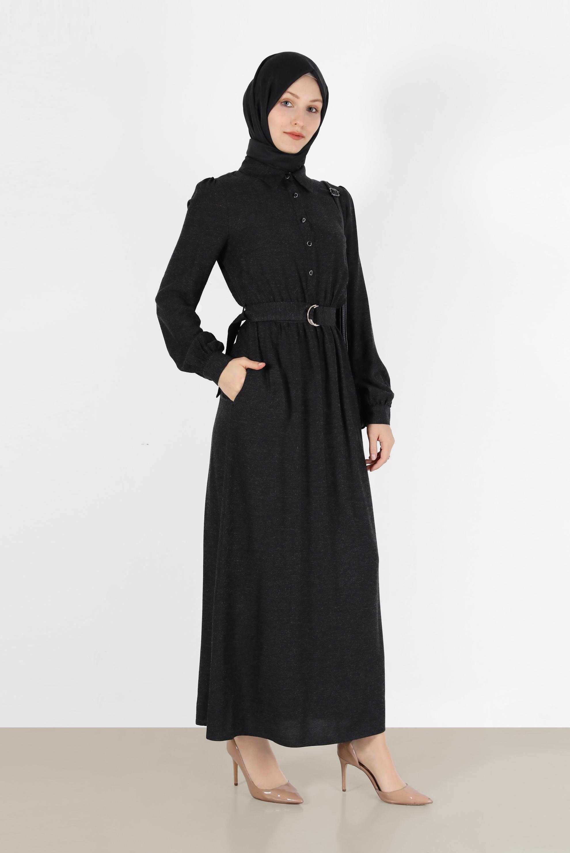 Tesettür giyim SİYAH BELİ KUŞAKLI GÖMLEK YAKA ELBİSE 42268-1 