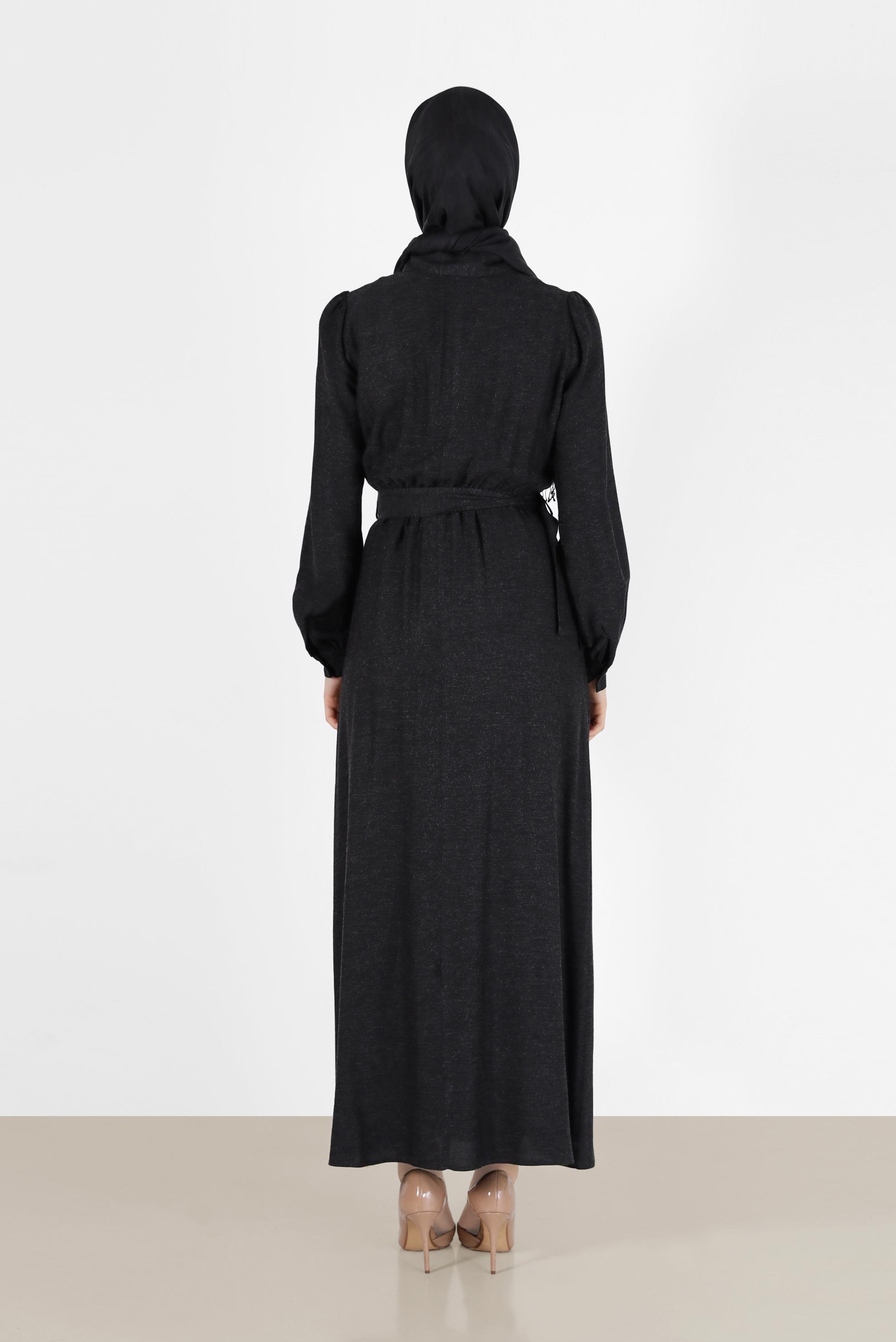Tesettür giyim SİYAH BELİ KUŞAKLI GÖMLEK YAKA ELBİSE 42268-1 