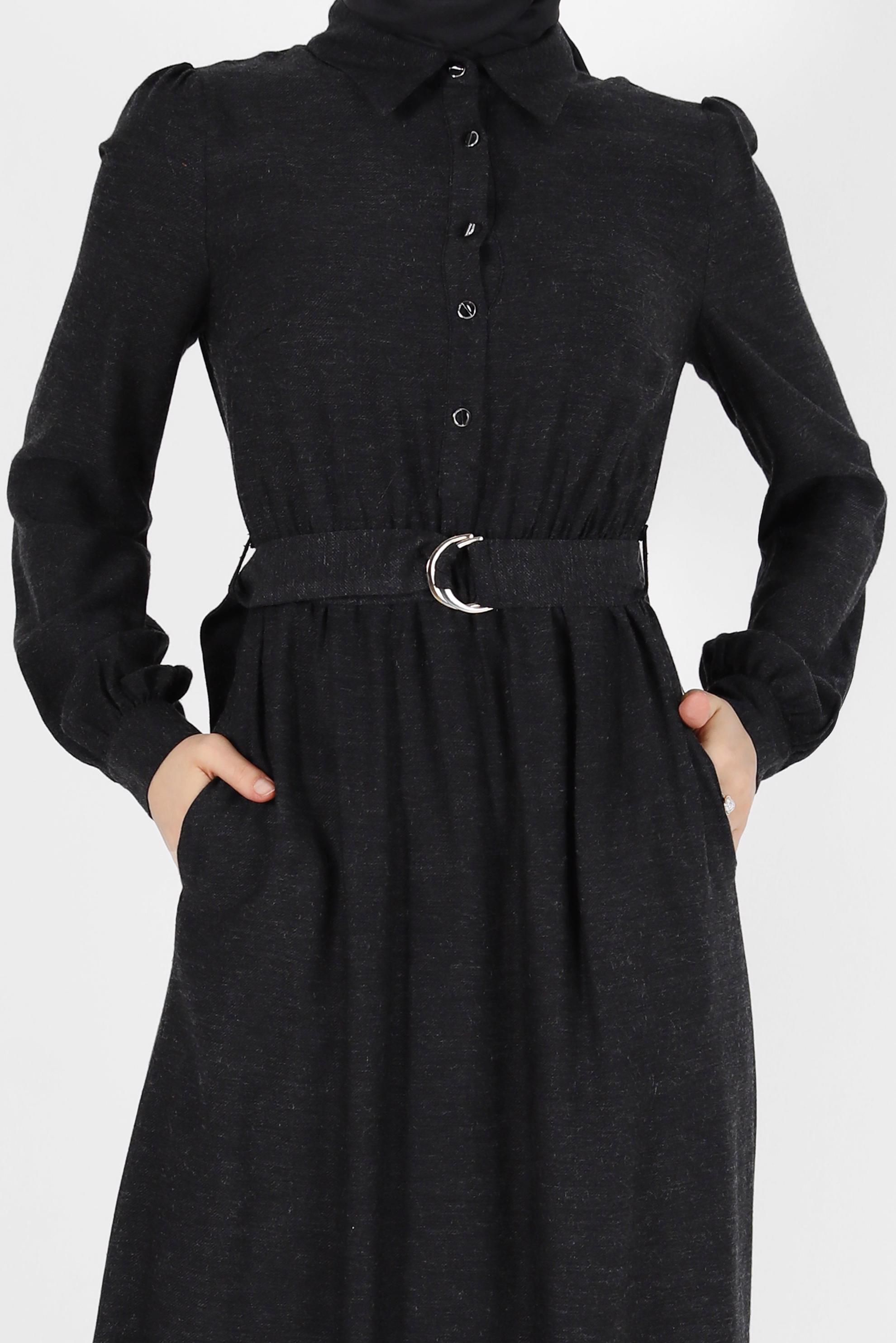 Tesettür giyim SİYAH BELİ KUŞAKLI GÖMLEK YAKA ELBİSE 42268-1 