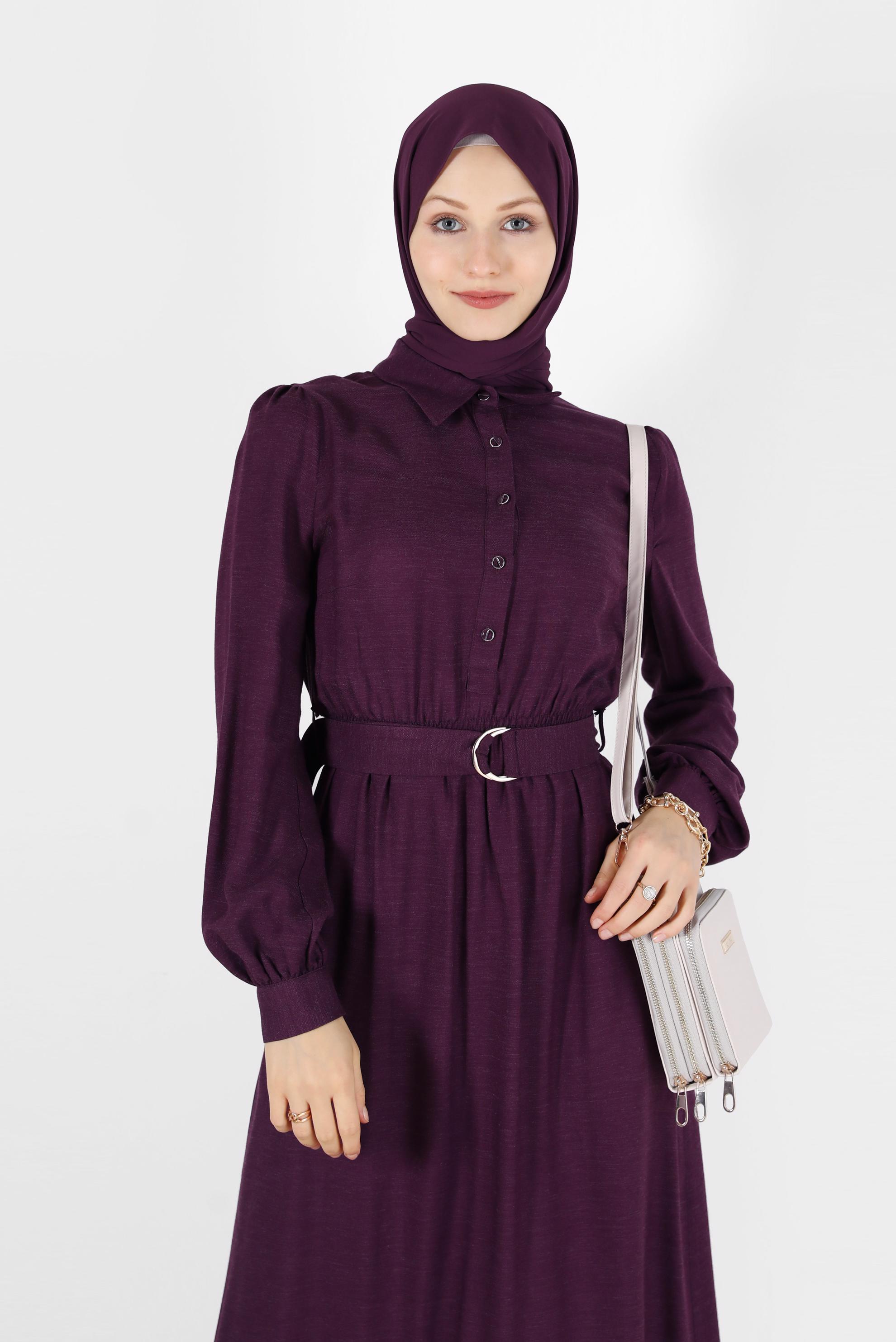 Tesettür giyim MOR BELİ KUŞAKLI GÖMLEK YAKA ELBİSE 42268-1 