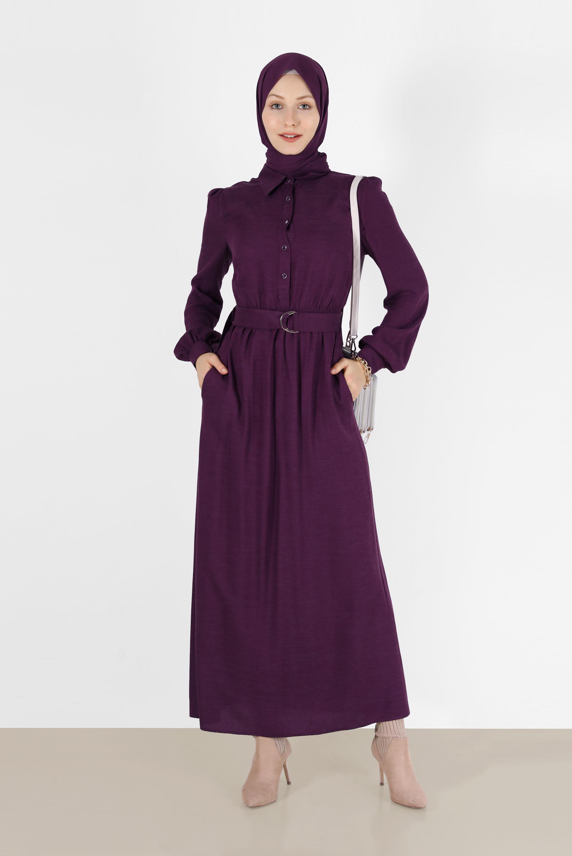 Tesettür giyim MOR BELİ KUŞAKLI GÖMLEK YAKA ELBİSE 42268-1 