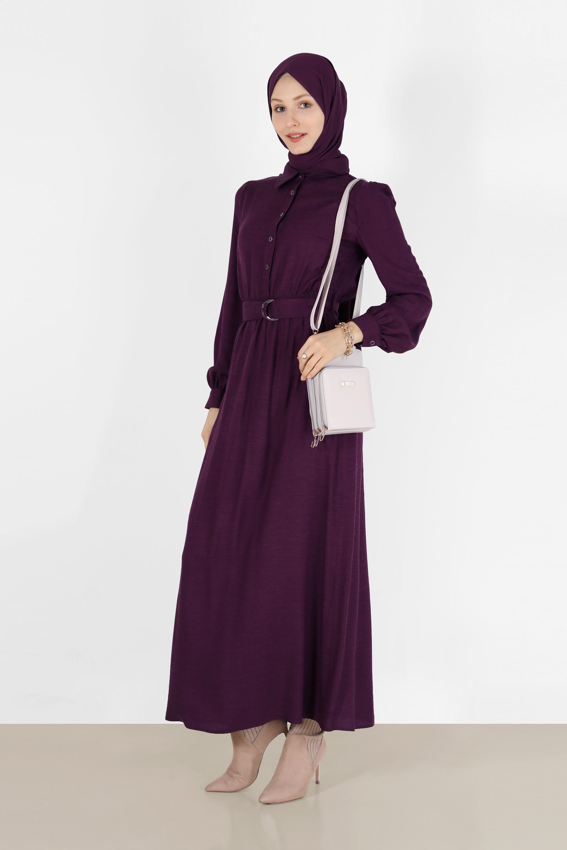 Tesettür giyim MOR BELİ KUŞAKLI GÖMLEK YAKA ELBİSE 42268-1 