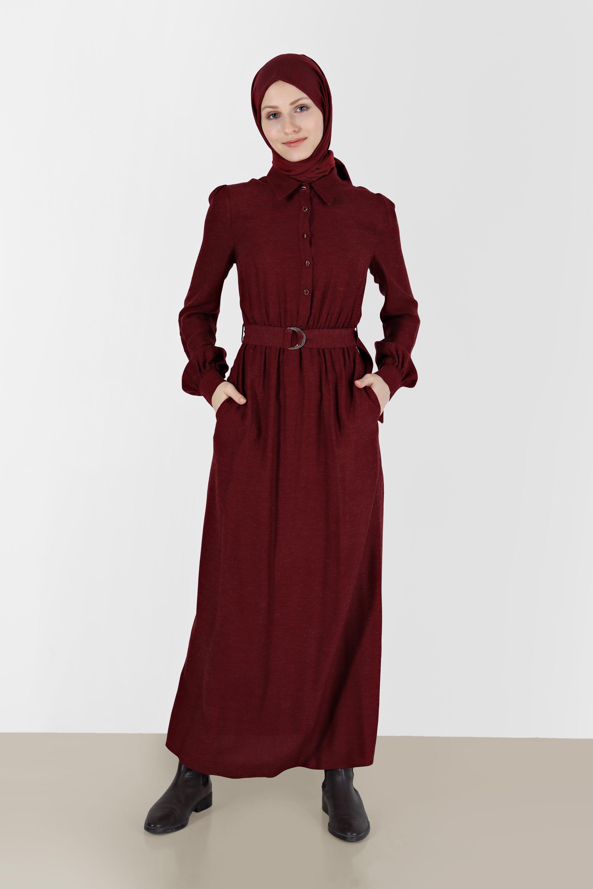 Tesettür giyim BORDO BELİ KUŞAKLI GÖMLEK YAKA ELBİSE 42268-1 