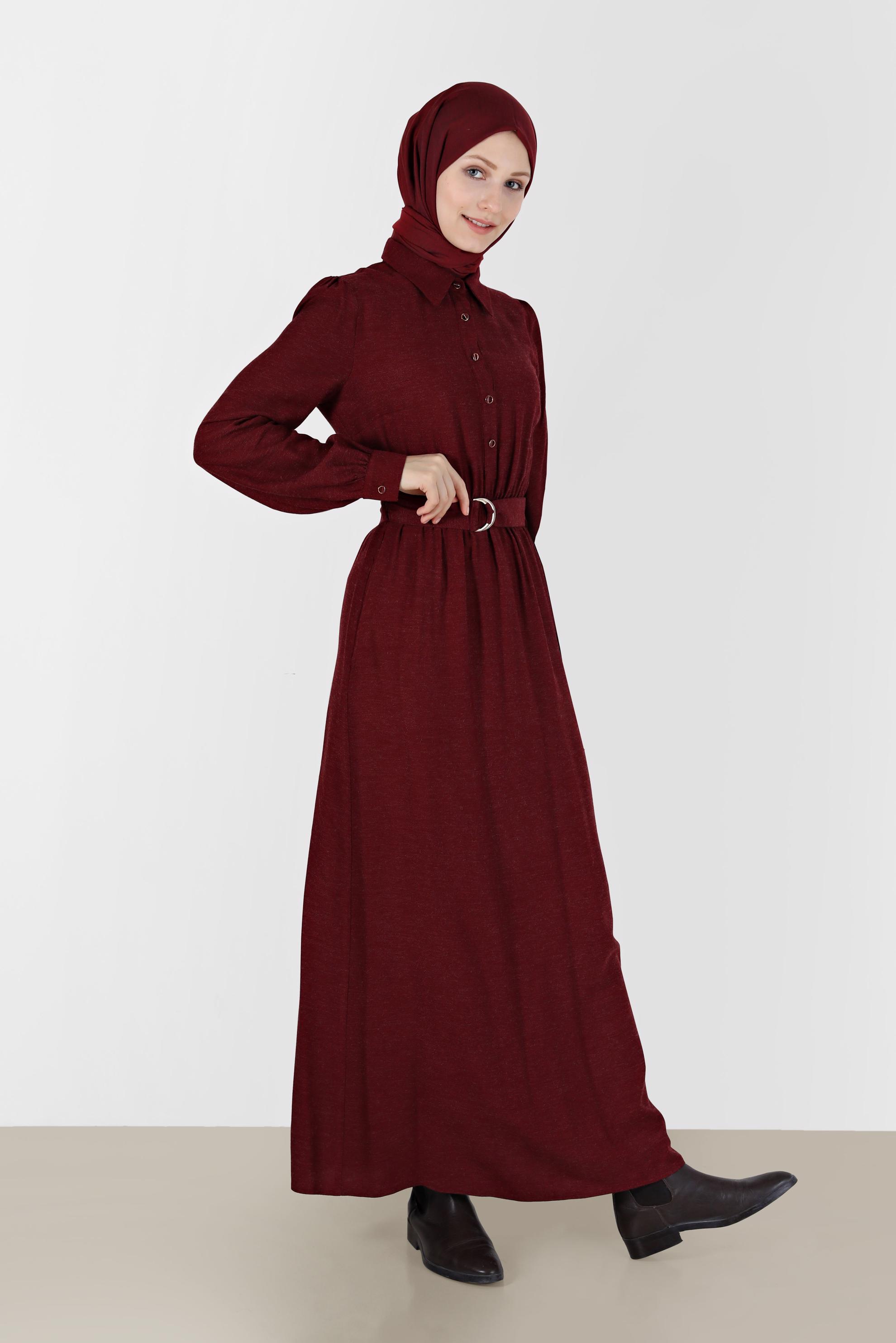 Tesettür giyim BORDO BELİ KUŞAKLI GÖMLEK YAKA ELBİSE 42268-1 