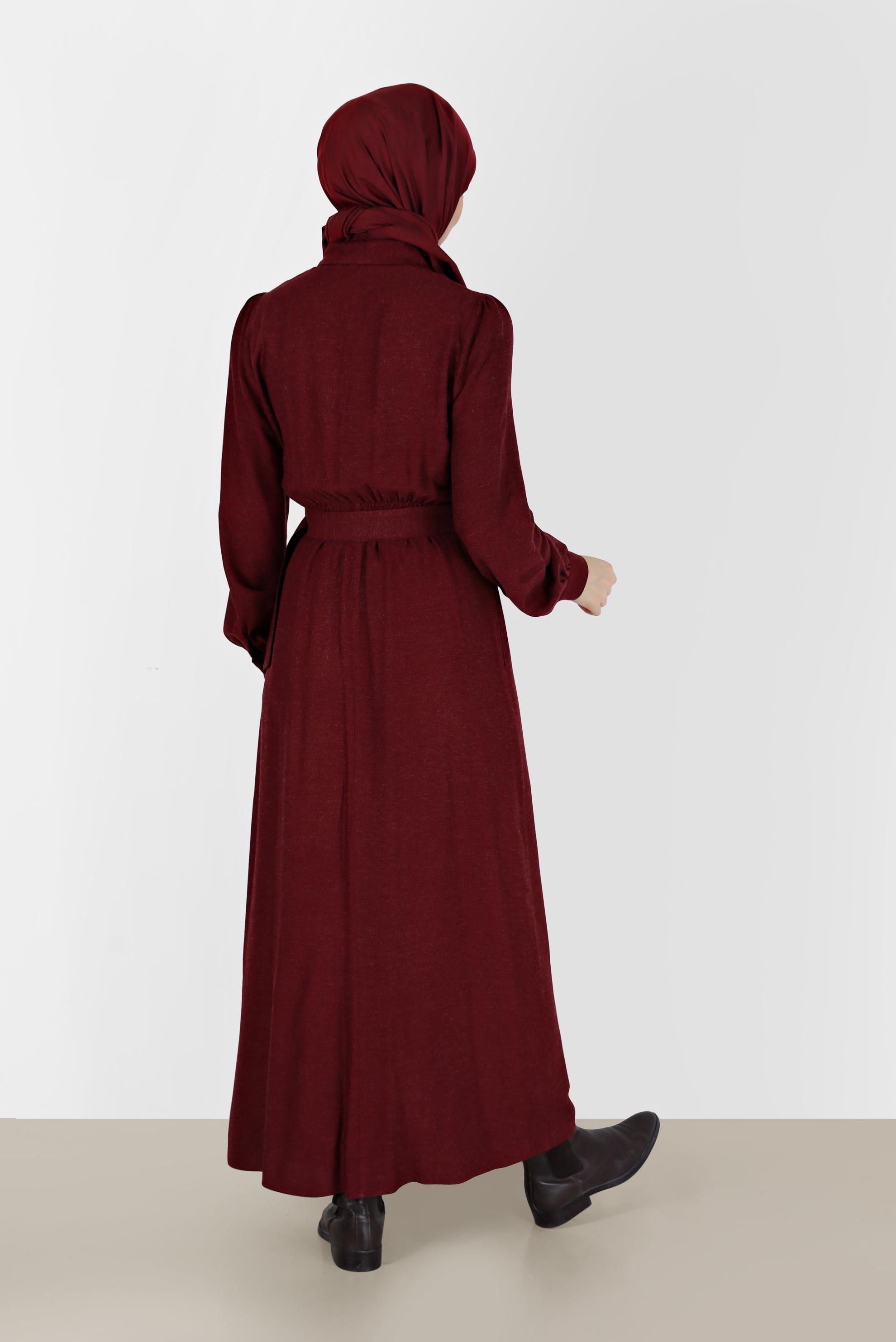 Tesettür giyim BORDO BELİ KUŞAKLI GÖMLEK YAKA ELBİSE 42268-1 