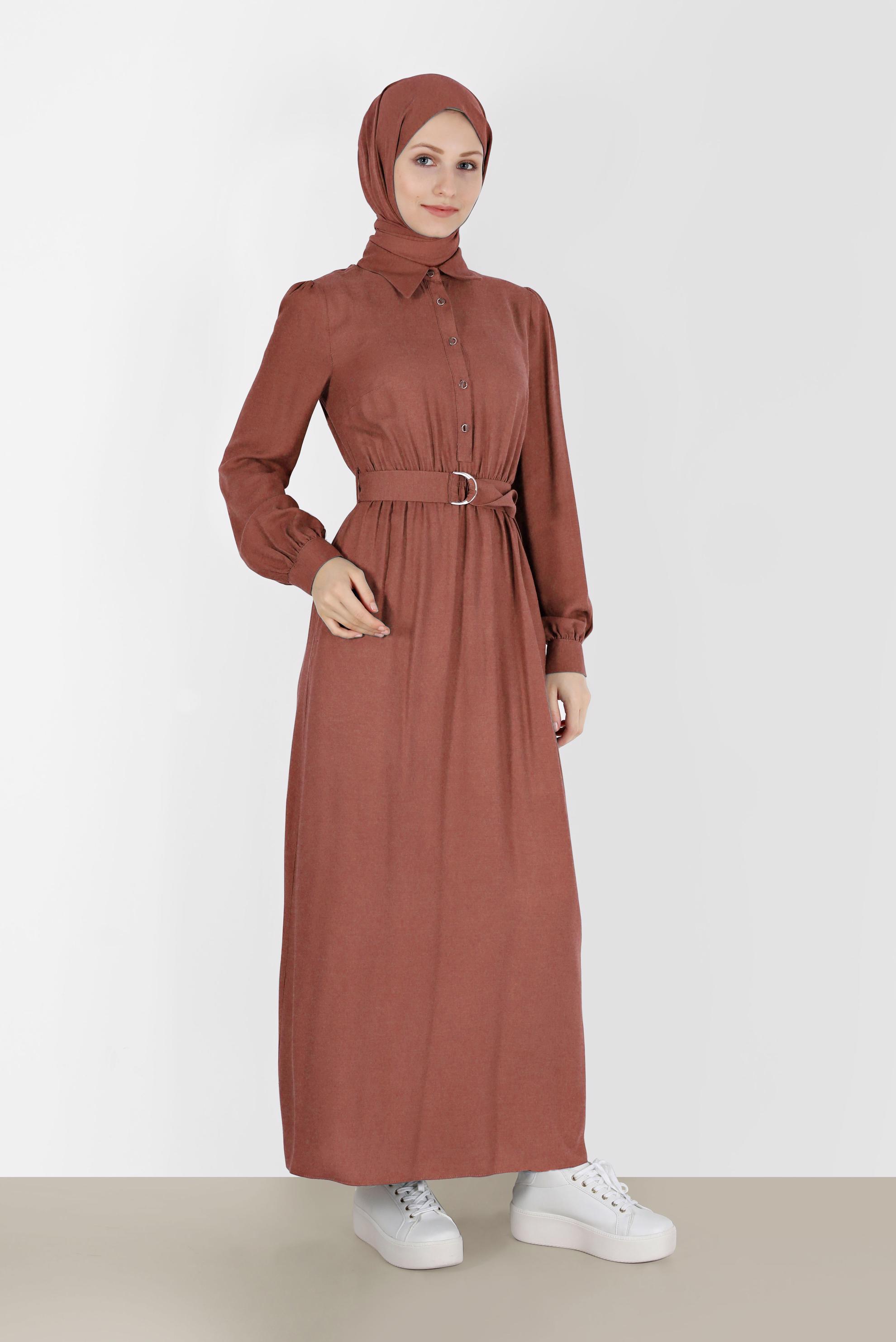 Tesettür giyim TURUNCU BELİ KUŞAKLI GÖMLEK YAKA ELBİSE 42268-1 