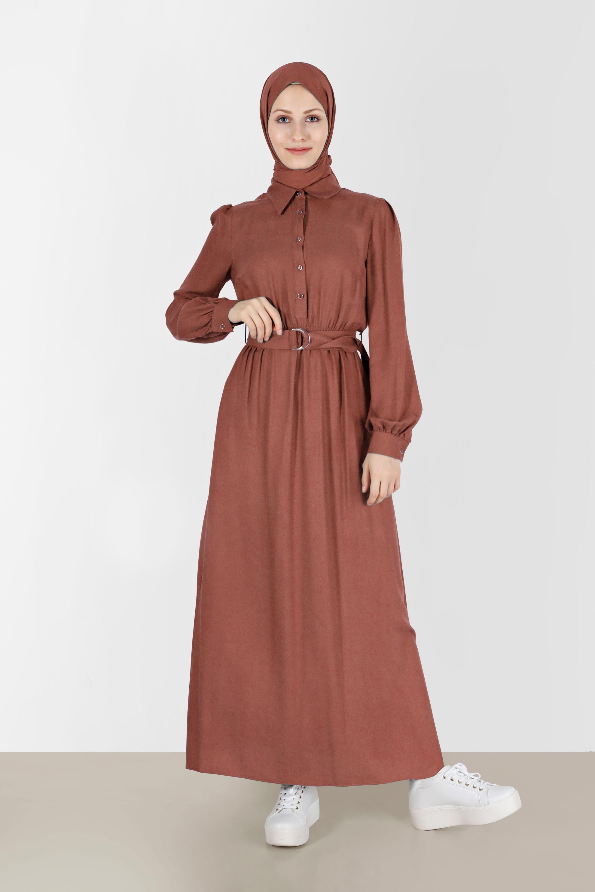 Tesettür giyim TURUNCU BELİ KUŞAKLI GÖMLEK YAKA ELBİSE 42268-1 
