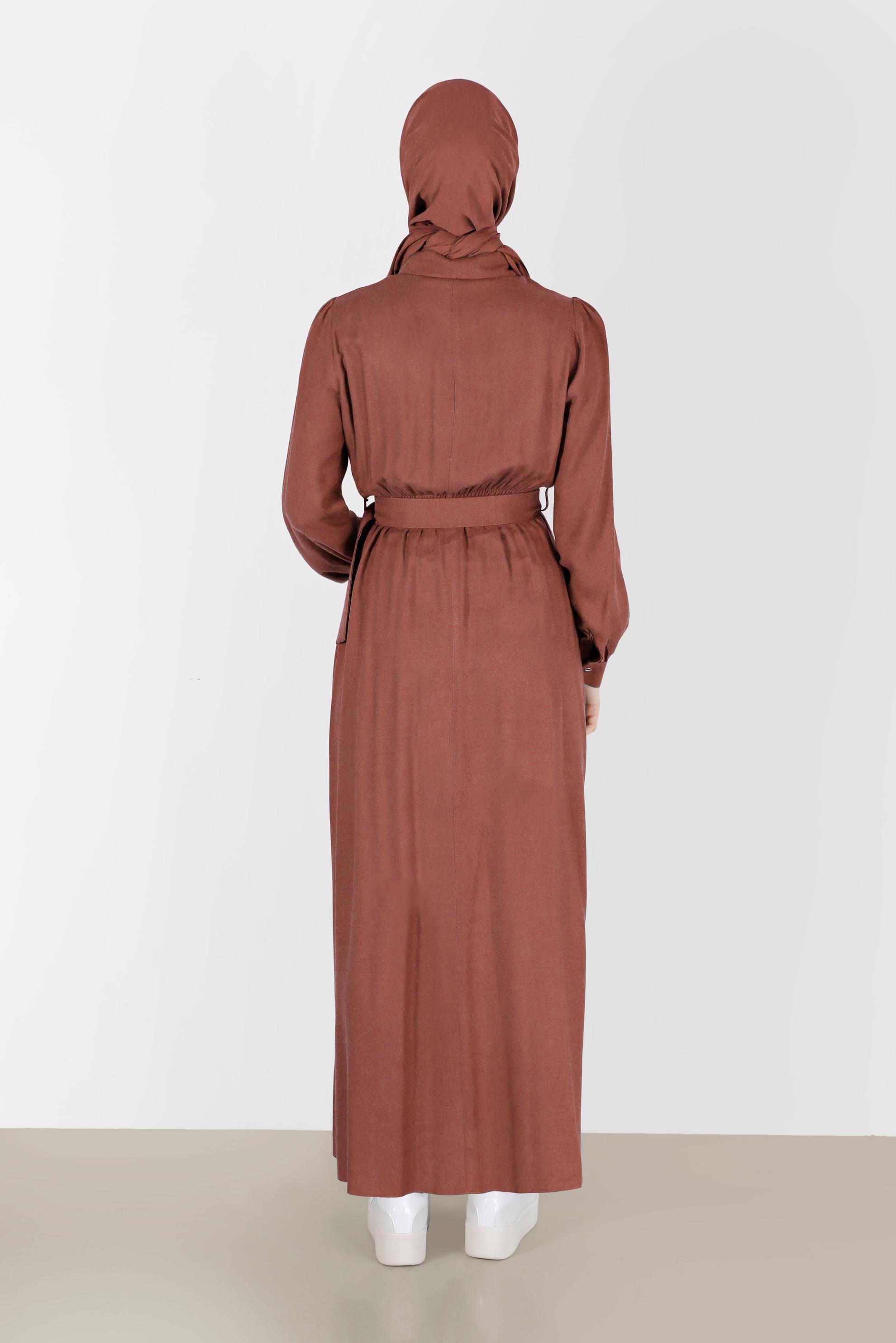 Tesettür giyim TURUNCU BELİ KUŞAKLI GÖMLEK YAKA ELBİSE 42268-1 