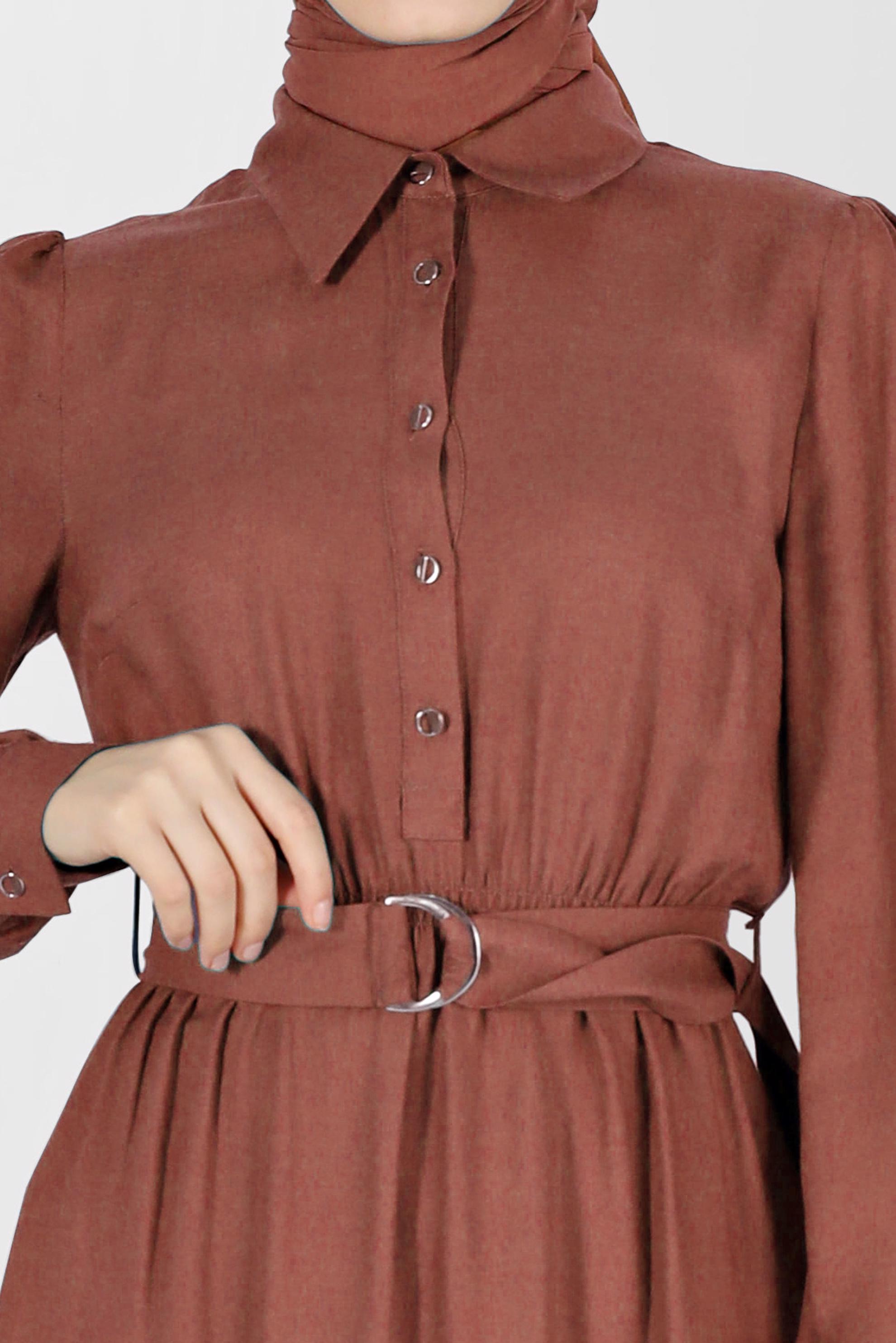 Tesettür giyim TURUNCU BELİ KUŞAKLI GÖMLEK YAKA ELBİSE 42268-1 