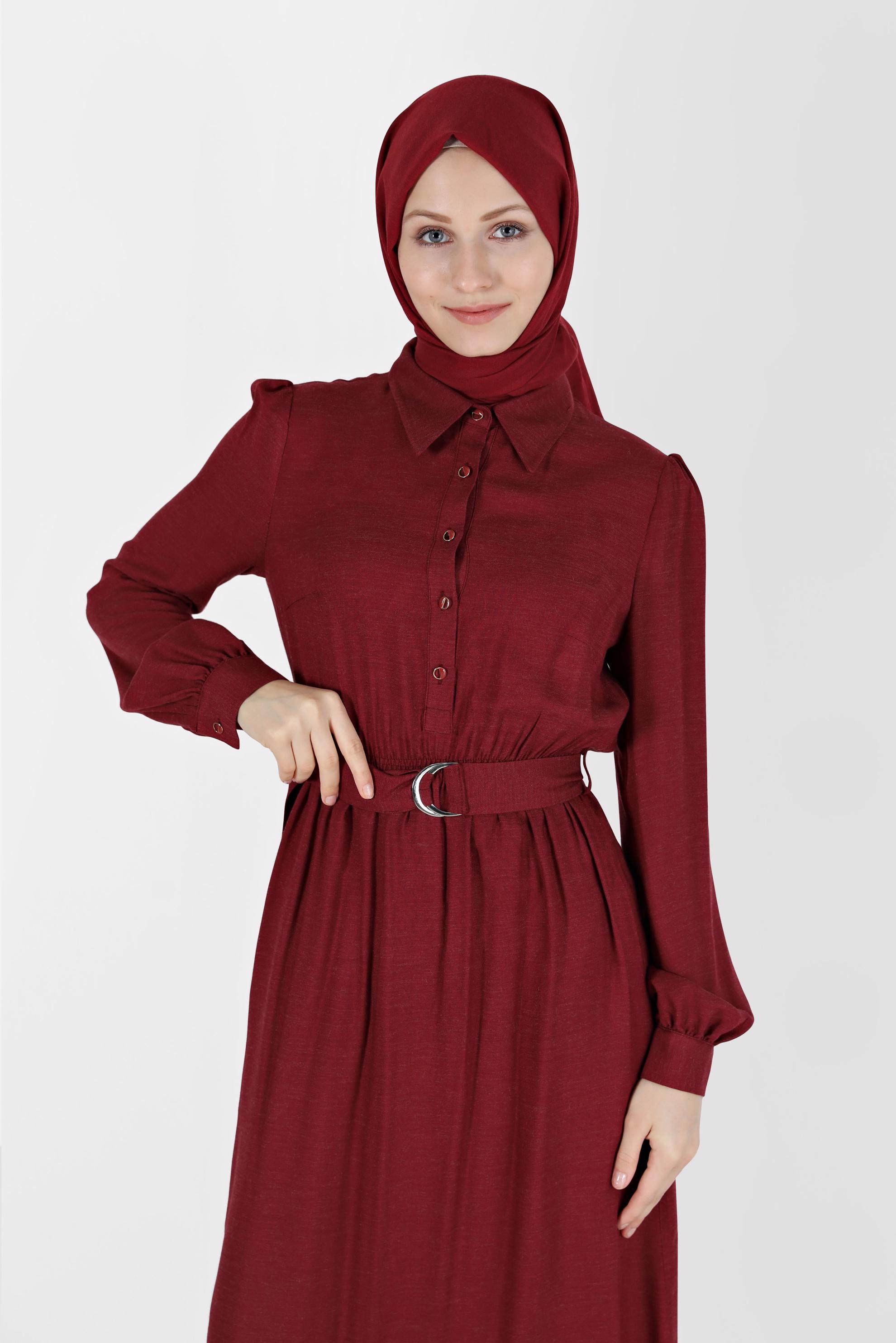Tesettür giyim KIRMIZI BELİ KUŞAKLI GÖMLEK YAKA ELBİSE 42268-1 
