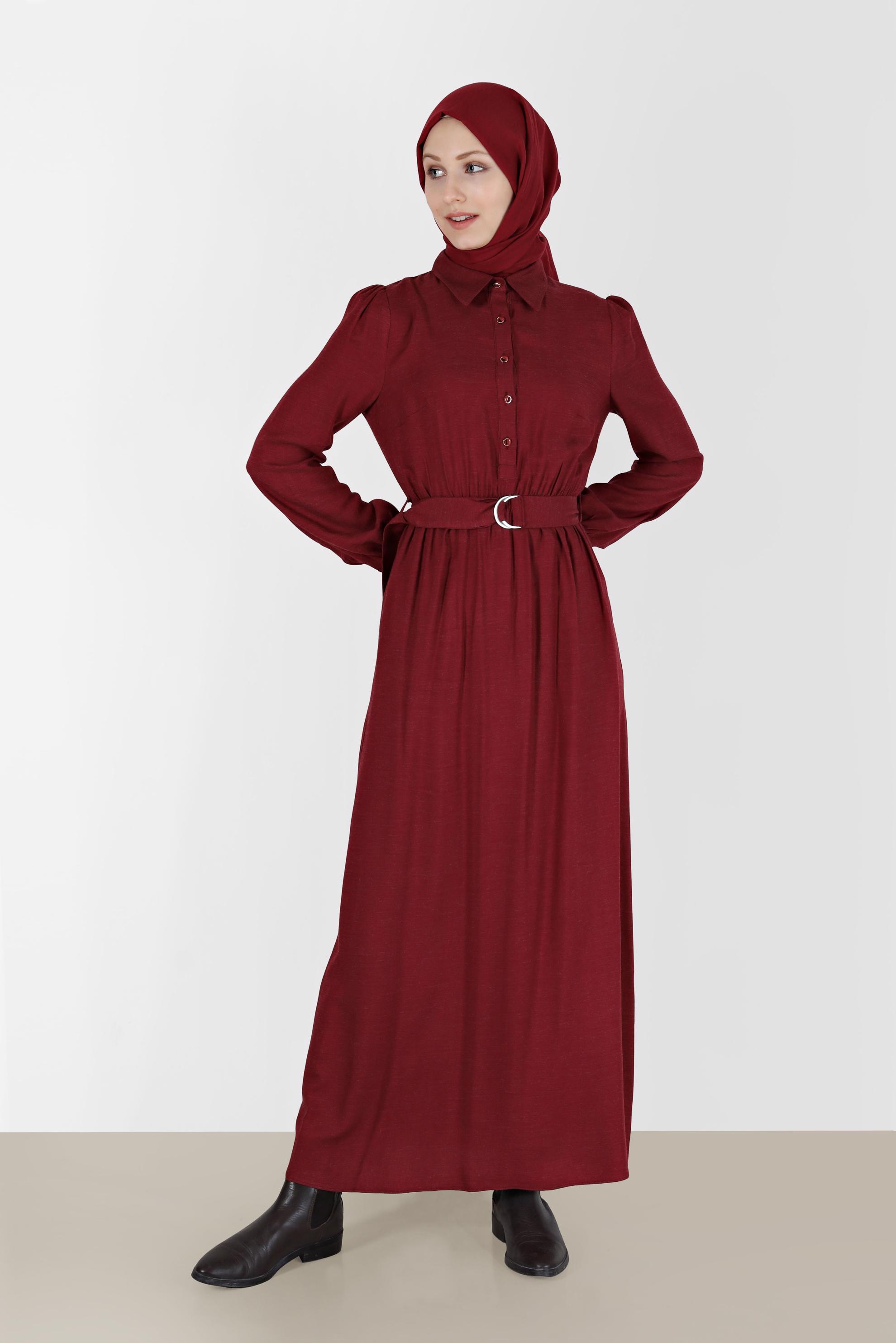 Tesettür giyim KIRMIZI BELİ KUŞAKLI GÖMLEK YAKA ELBİSE 42268-1 