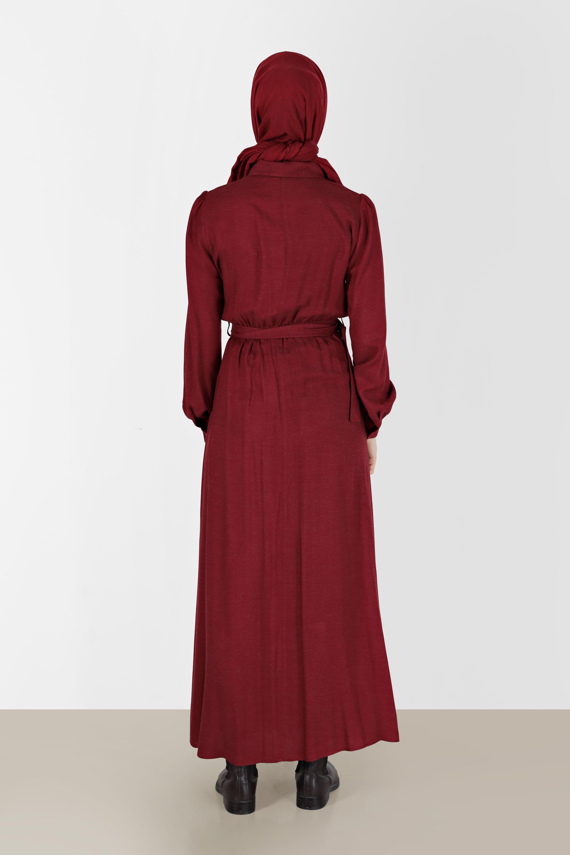 Tesettür giyim KIRMIZI BELİ KUŞAKLI GÖMLEK YAKA ELBİSE 42268-1 