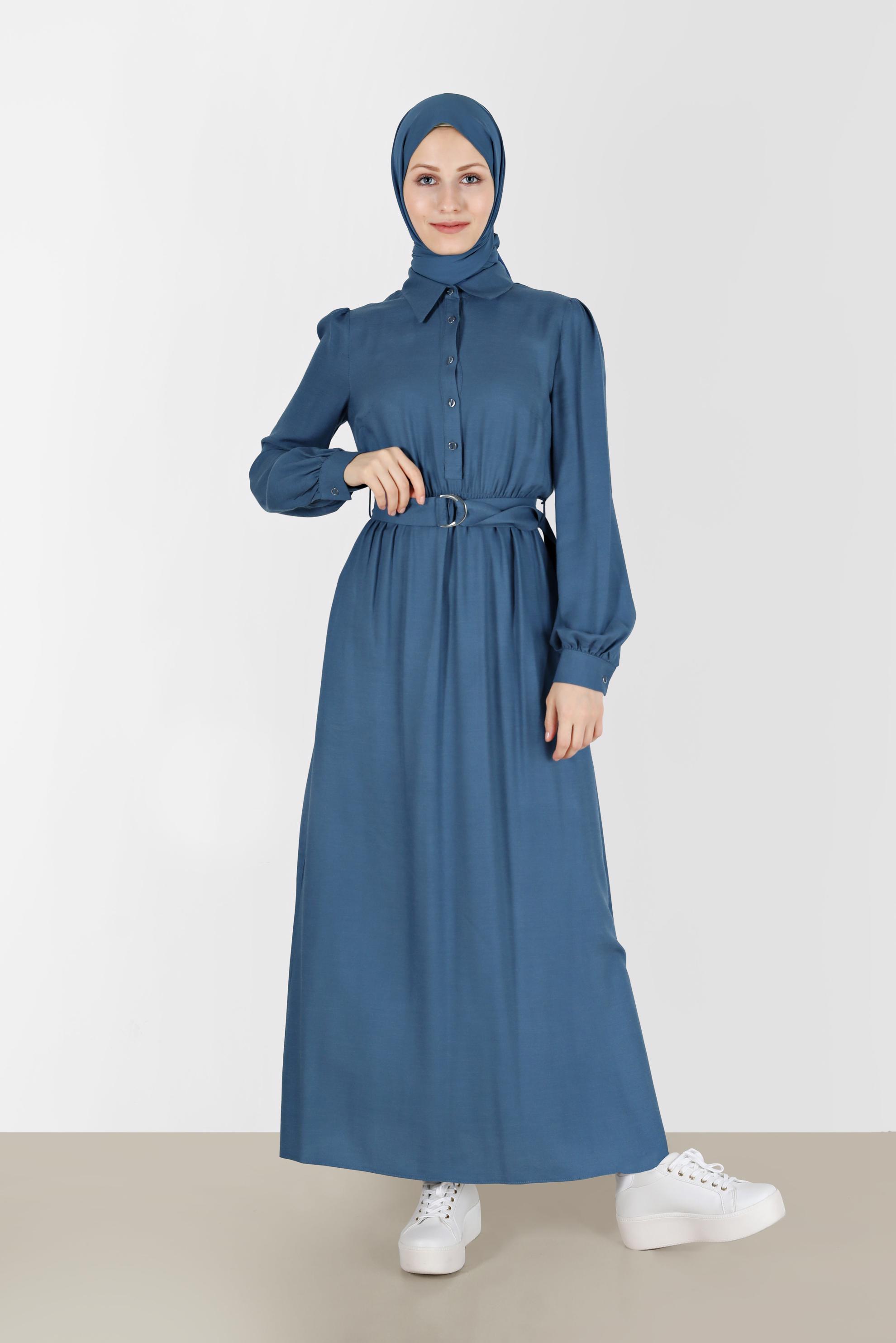 Tesettür giyim MAVİ BELİ KUŞAKLI GÖMLEK YAKA ELBİSE 42268-1 