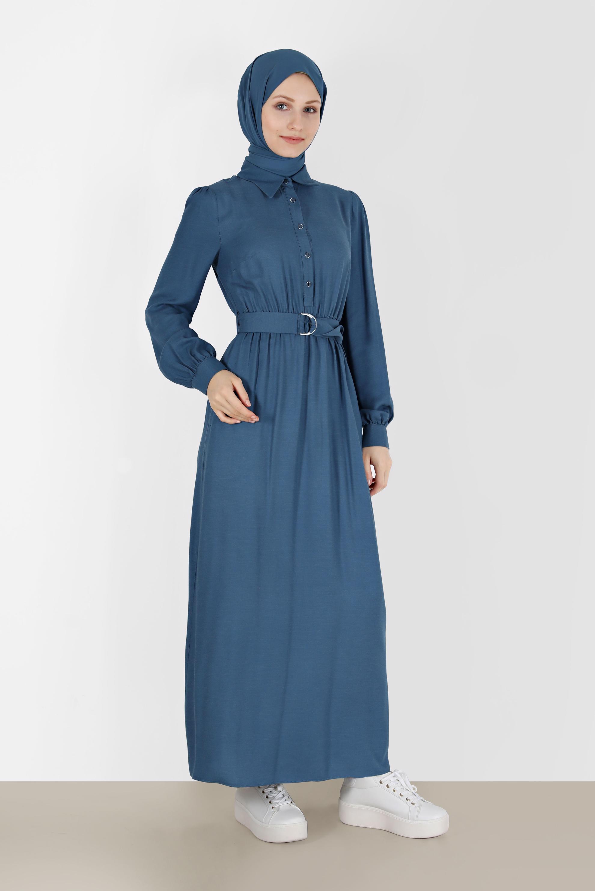 Tesettür giyim MAVİ BELİ KUŞAKLI GÖMLEK YAKA ELBİSE 42268-1 
