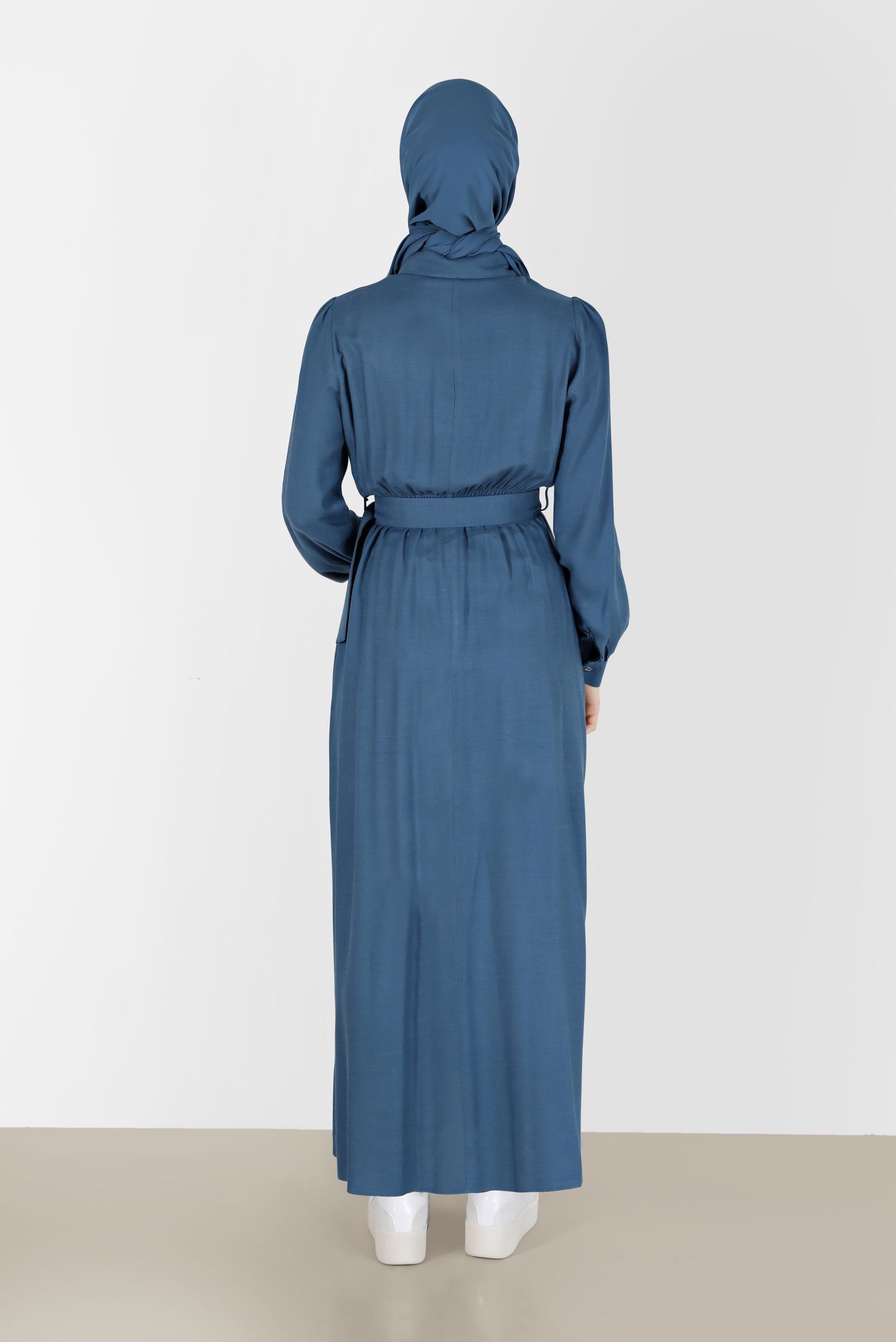 Tesettür giyim MAVİ BELİ KUŞAKLI GÖMLEK YAKA ELBİSE 42268-1 