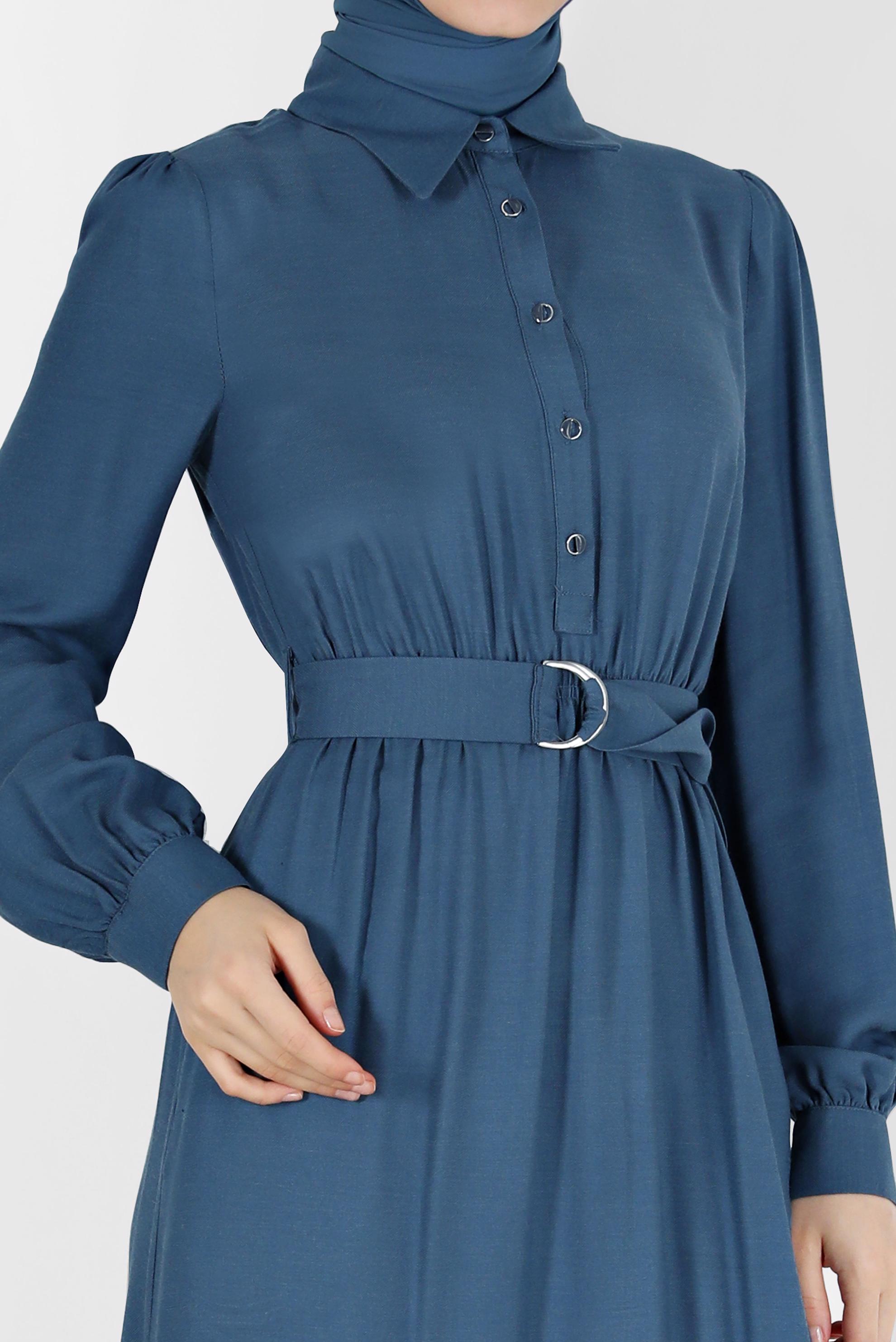 Tesettür giyim MAVİ BELİ KUŞAKLI GÖMLEK YAKA ELBİSE 42268-1 