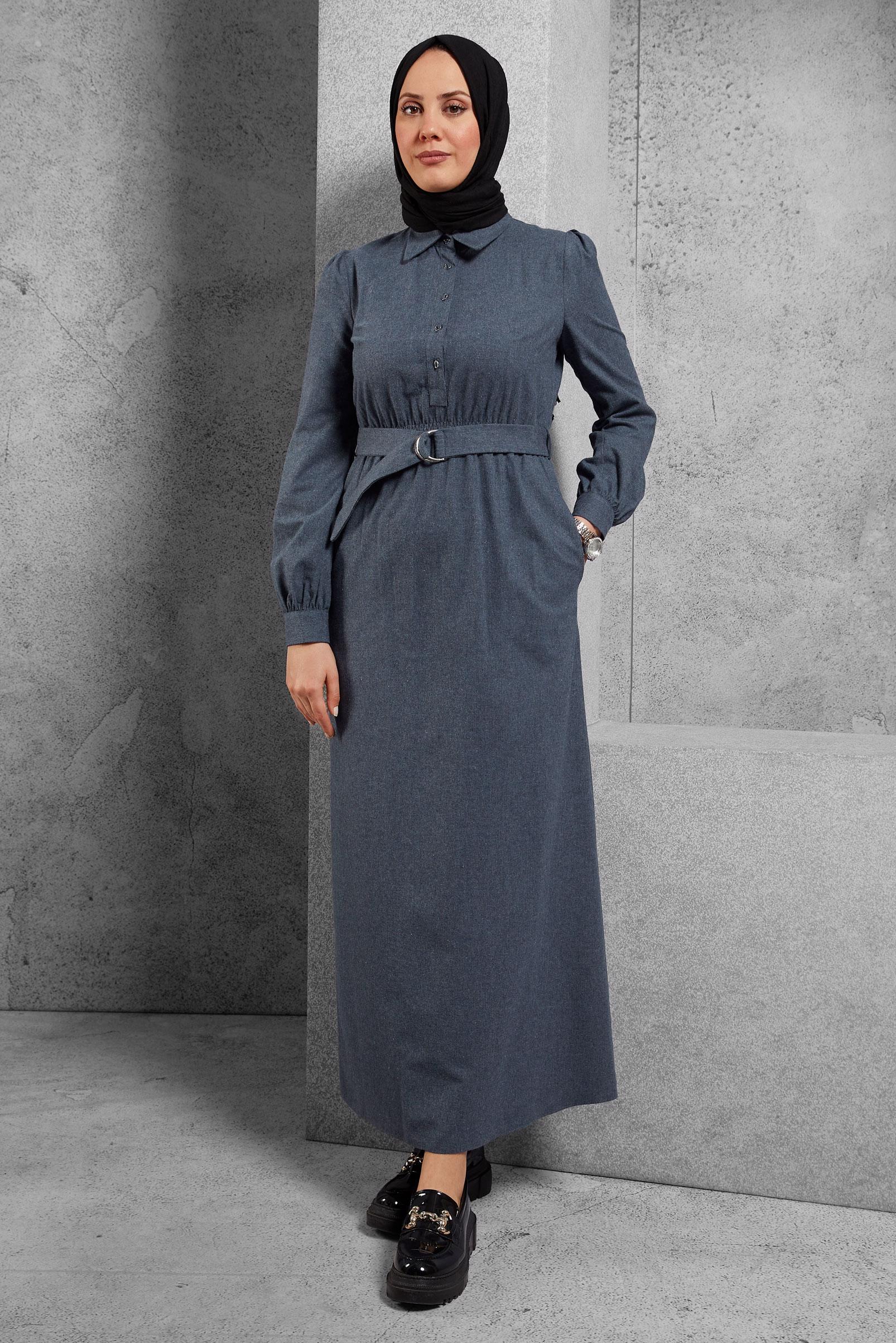Tesettür giyim LACİVERT KEMERLİ ELBİSE 42268