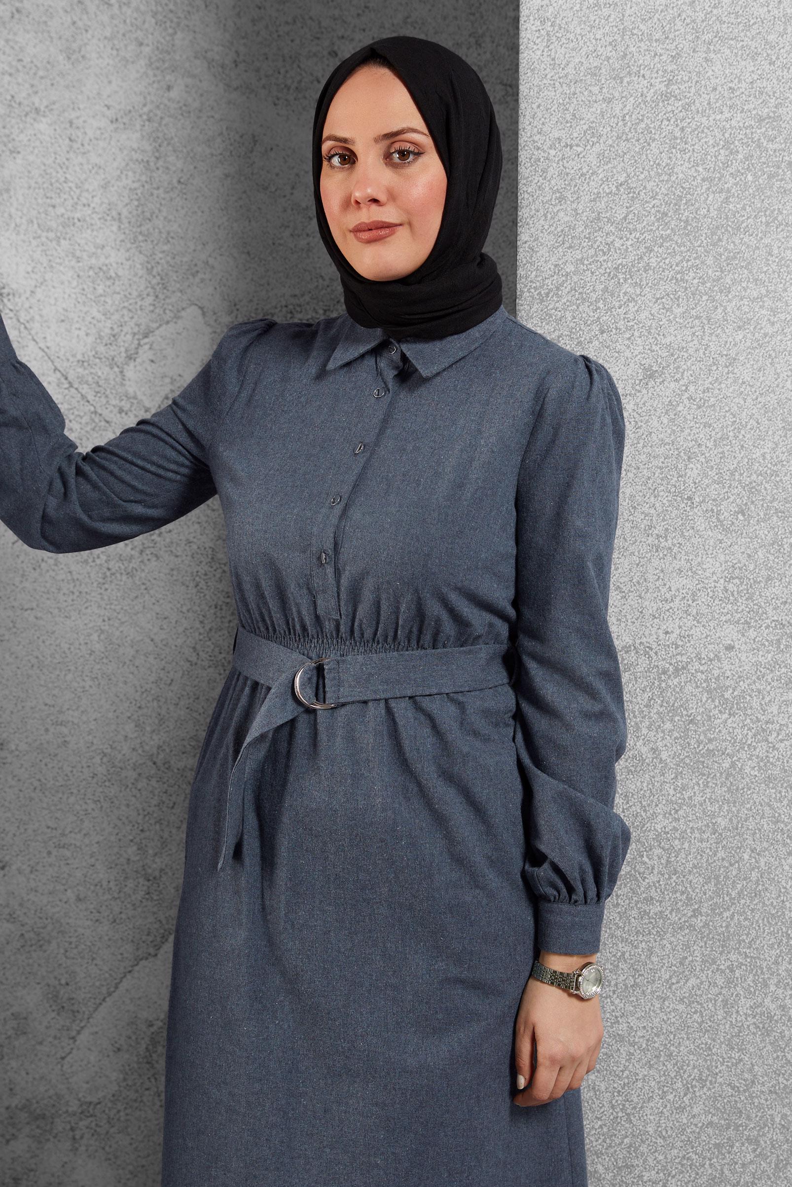 Tesettür giyim LACİVERT KEMERLİ ELBİSE 42268