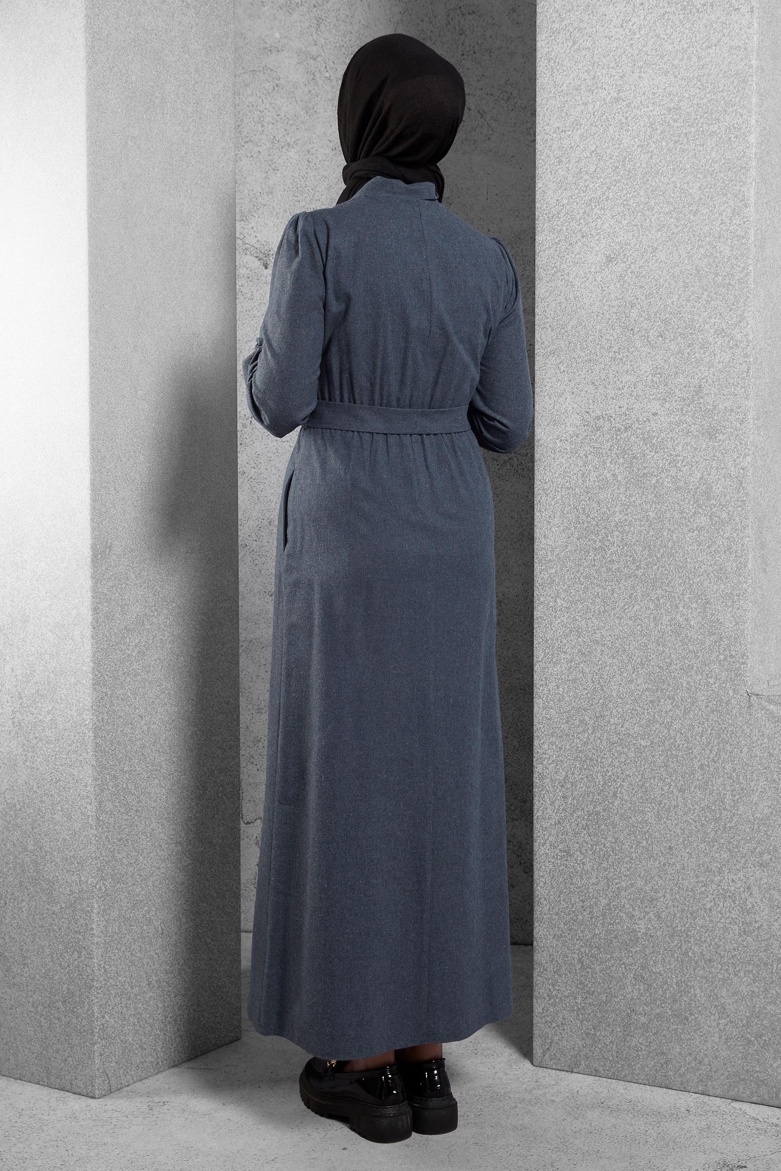 Tesettür giyim LACİVERT KEMERLİ ELBİSE 42268