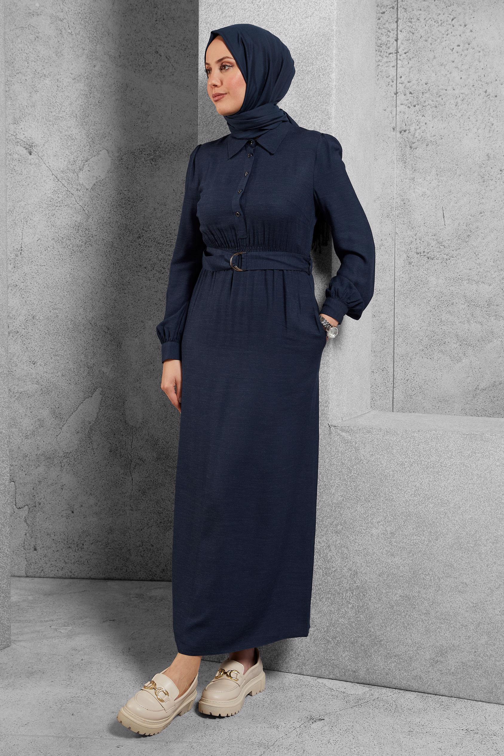 Tesettür giyim GRİ KEMERLİ ELBİSE 42268