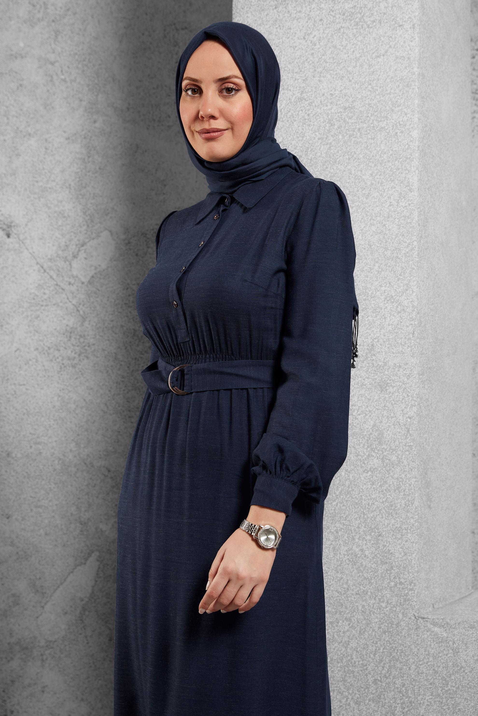 Tesettür giyim GRİ KEMERLİ ELBİSE 42268