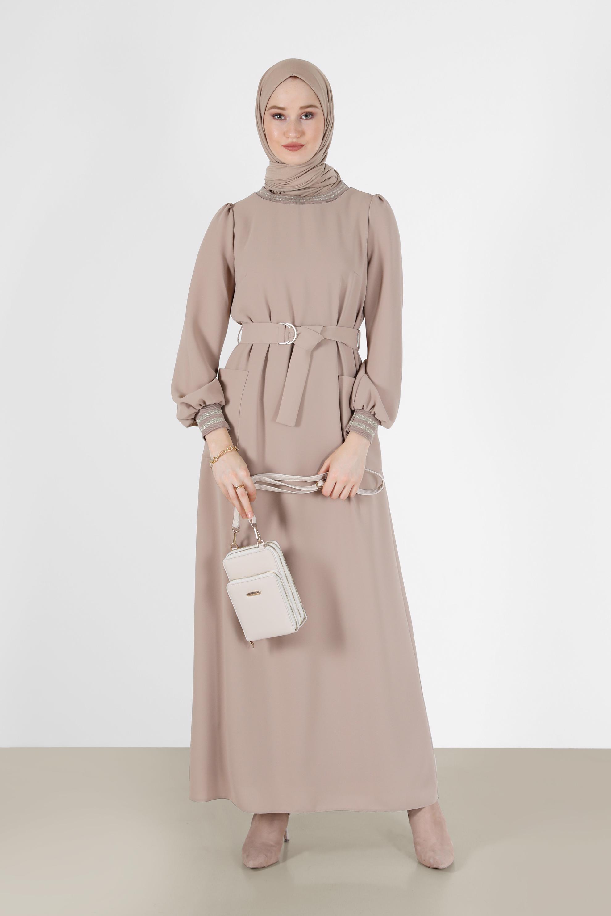 Hijab clothing BEIGE BELTED DRESS WITH ELASTIC CUFFS 42281 