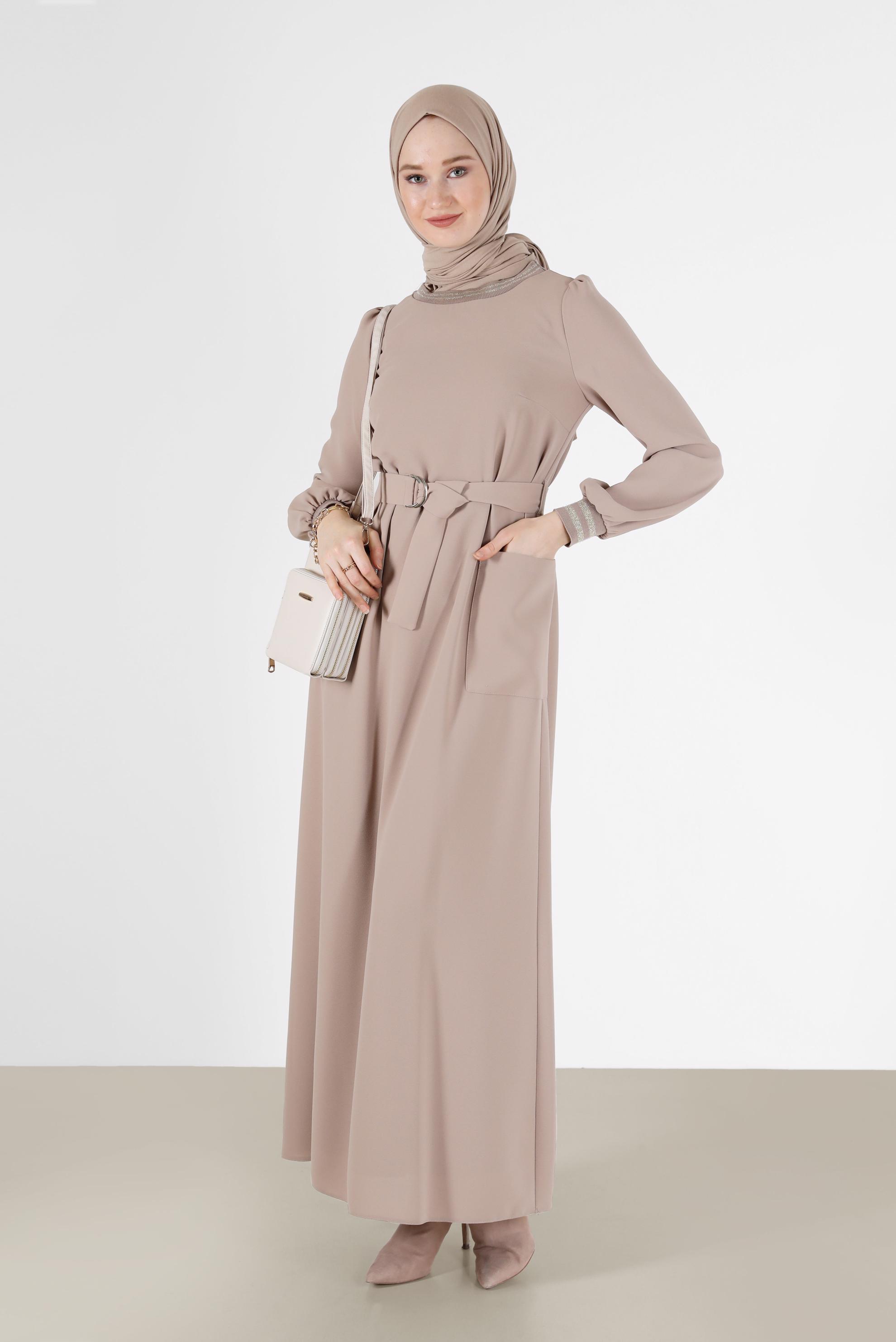 Hijab clothing BEIGE BELTED DRESS WITH ELASTIC CUFFS 42281 
