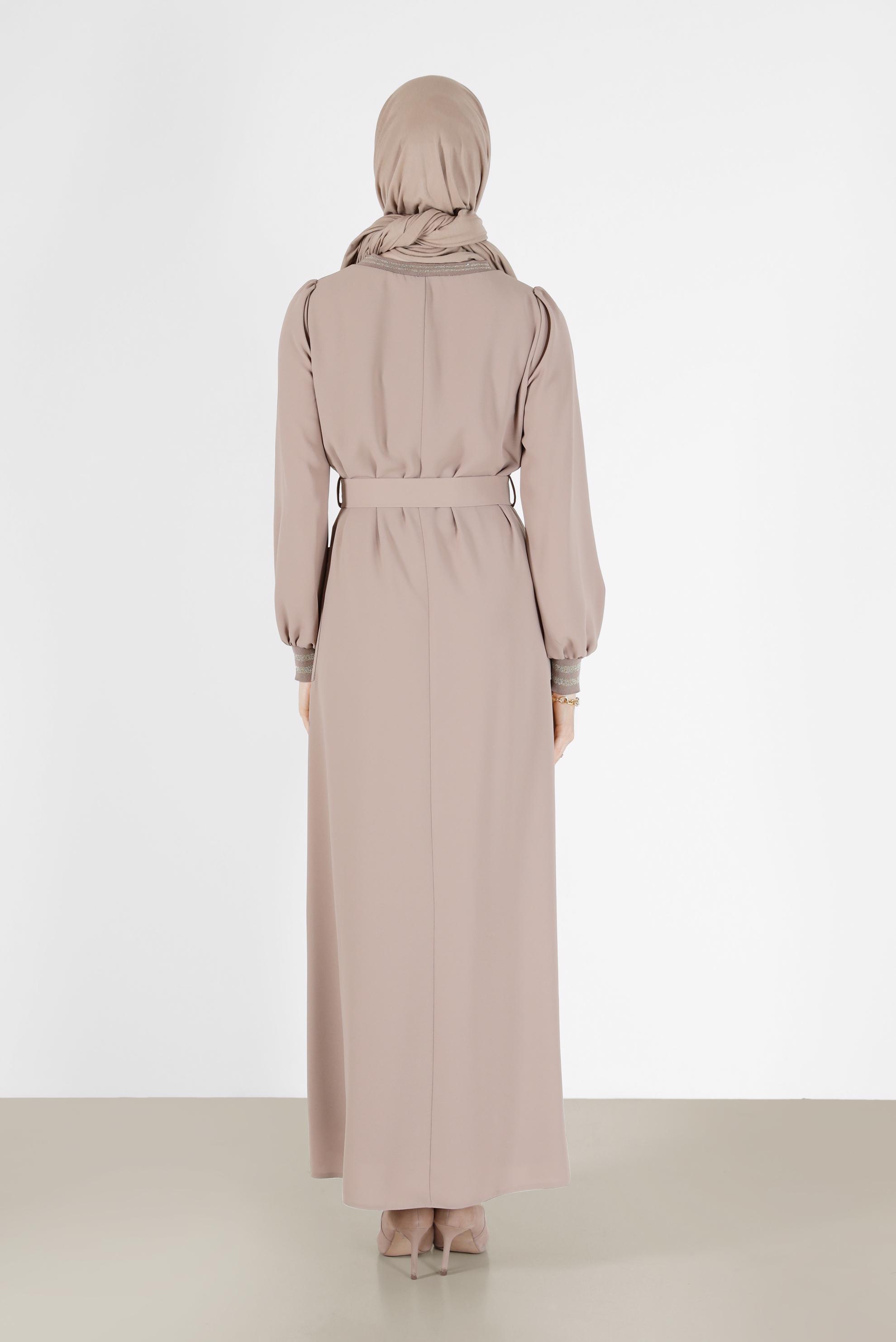 Hijab clothing BEIGE BELTED DRESS WITH ELASTIC CUFFS 42281 