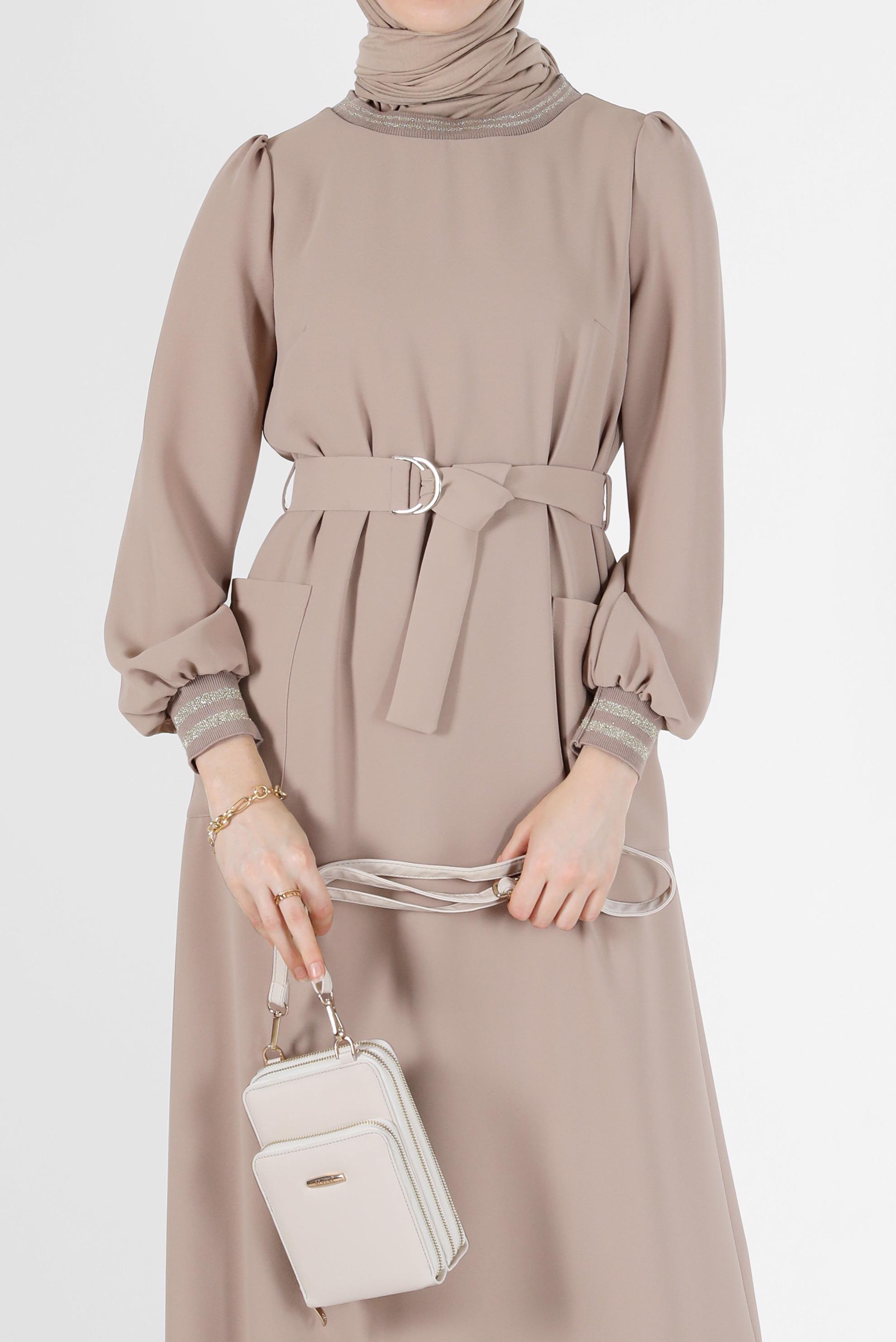 Hijab clothing BEIGE BELTED DRESS WITH ELASTIC CUFFS 42281 