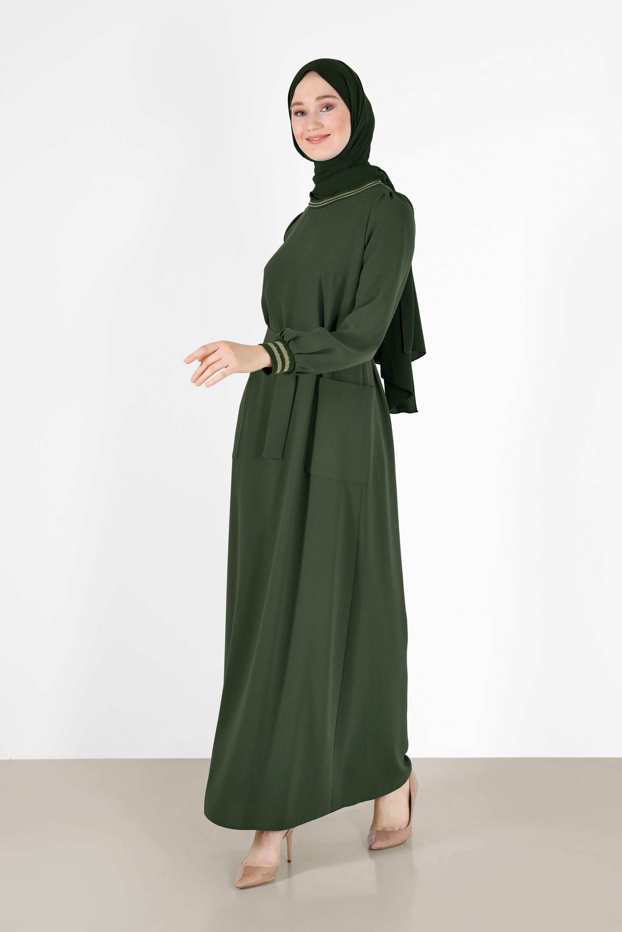 Hijab clothing KHAKI BELTED DRESS WITH ELASTIC CUFFS 42281 