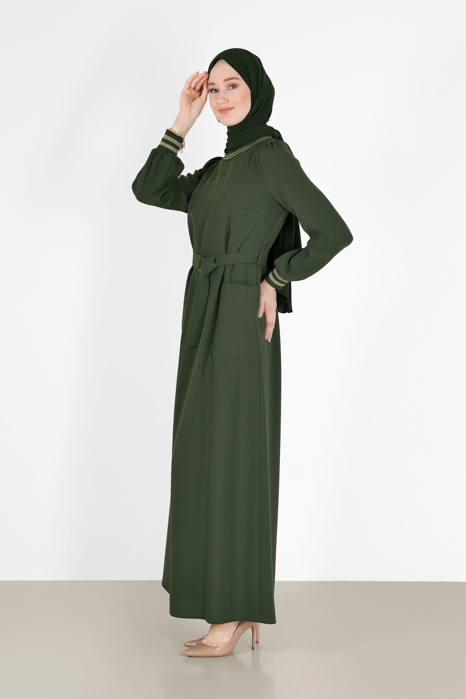 Hijab clothing KHAKI BELTED DRESS WITH ELASTIC CUFFS 42281 