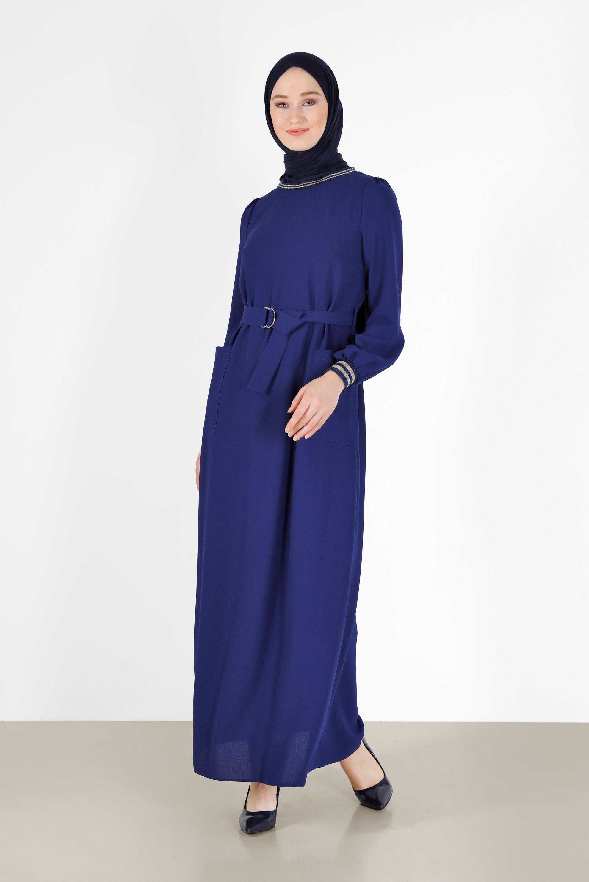 Hijab clothing NAVY BLUE BELTED DRESS WITH ELASTIC CUFFS 42281 