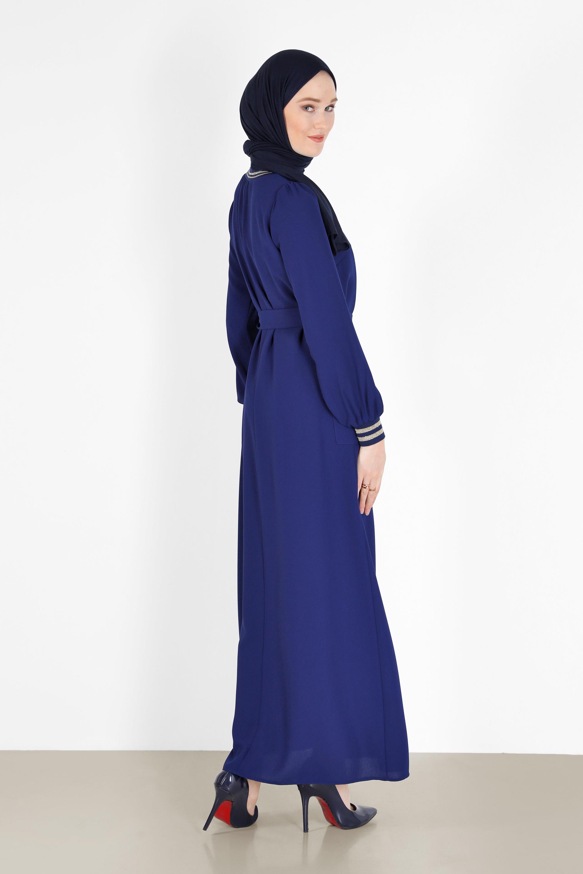 Hijab clothing NAVY BLUE BELTED DRESS WITH ELASTIC CUFFS 42281 