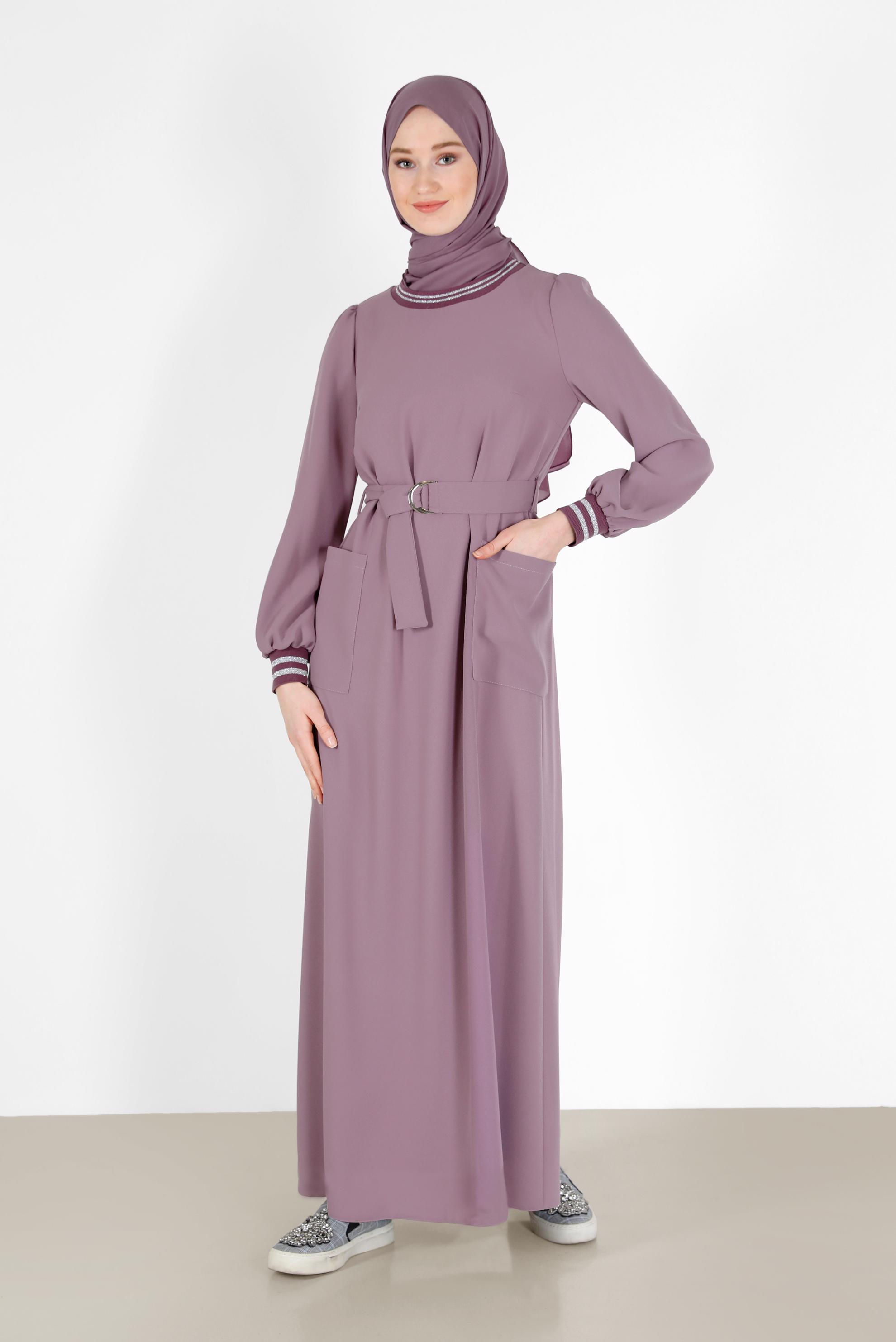Tesettür giyim PEMBE MANŞETLERİ LASTİKLİ KUŞAKLI ELBİSE 42281 