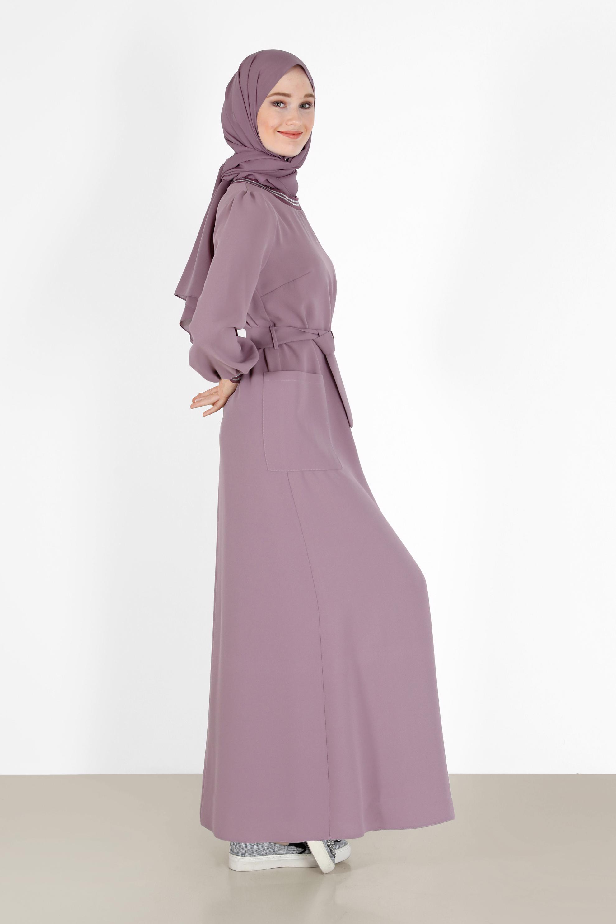 Tesettür giyim PEMBE MANŞETLERİ LASTİKLİ KUŞAKLI ELBİSE 42281 