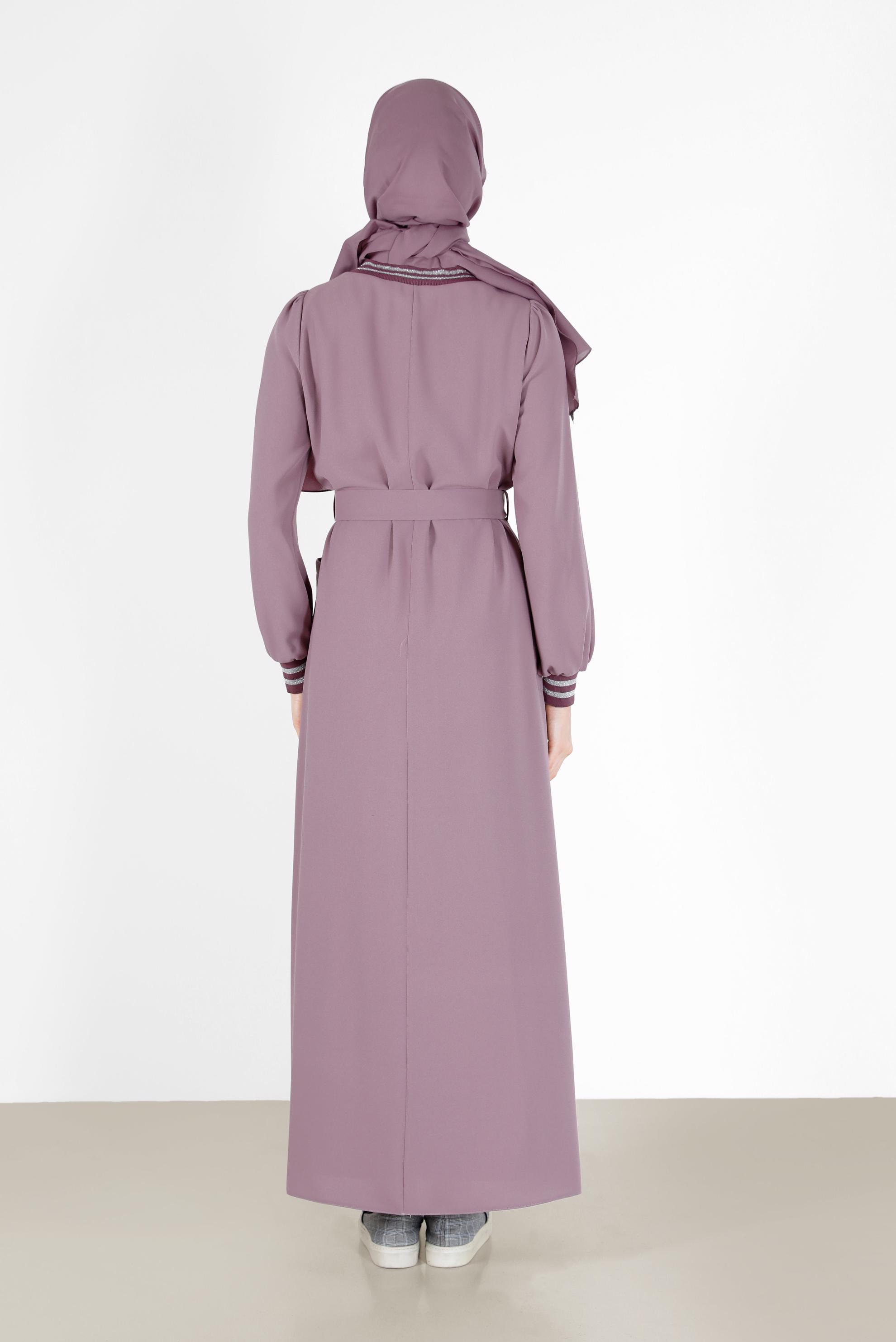 Tesettür giyim PEMBE MANŞETLERİ LASTİKLİ KUŞAKLI ELBİSE 42281 